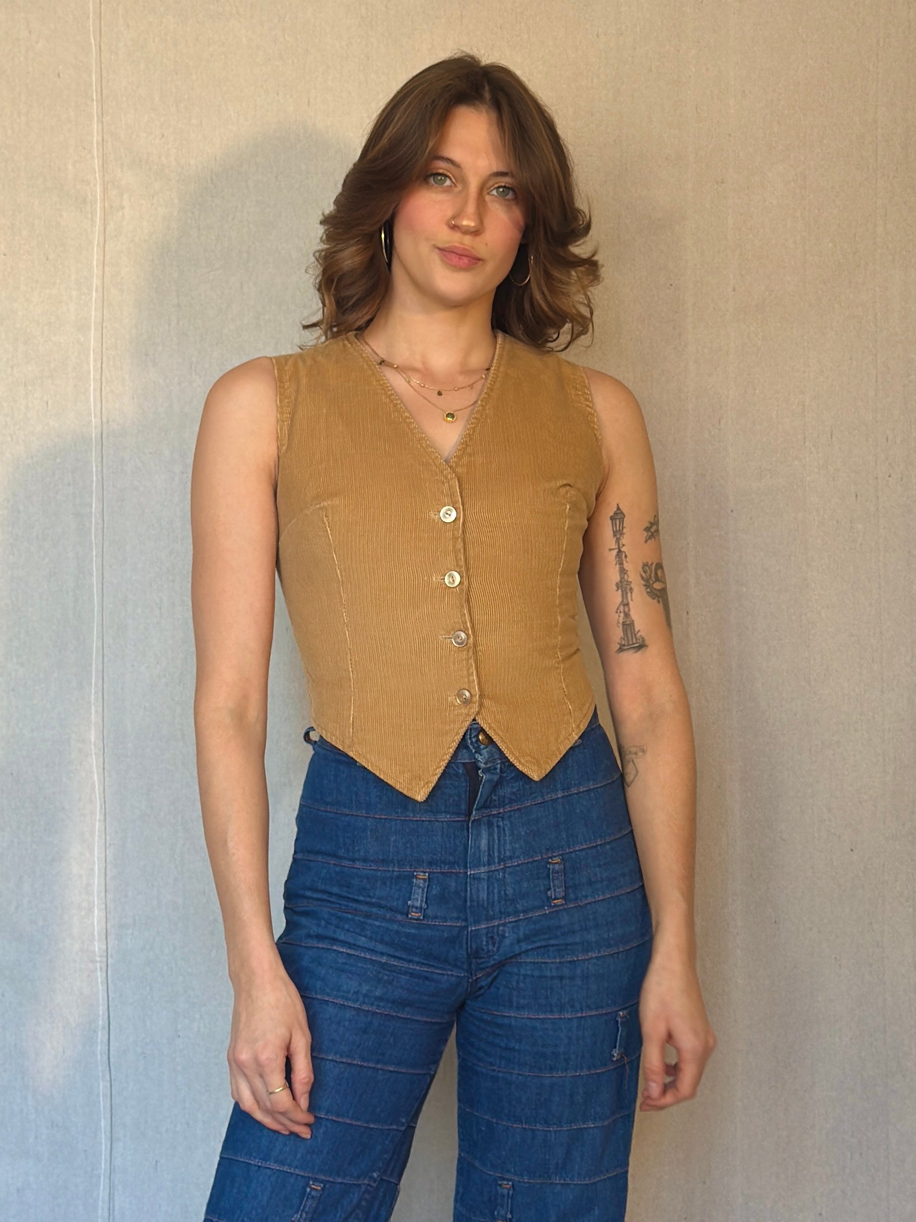 80s Tan Corduroy Button Up Vest