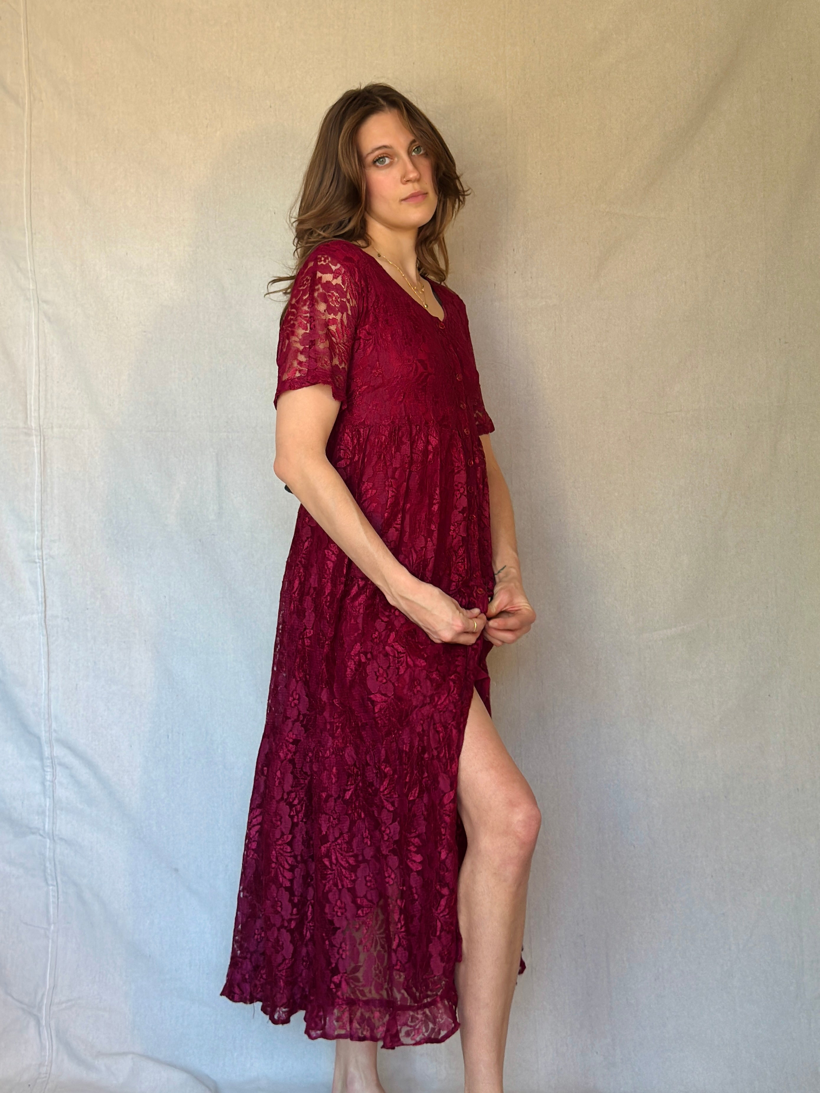 90s Maroon Lace Front Button Up Maxi Dress