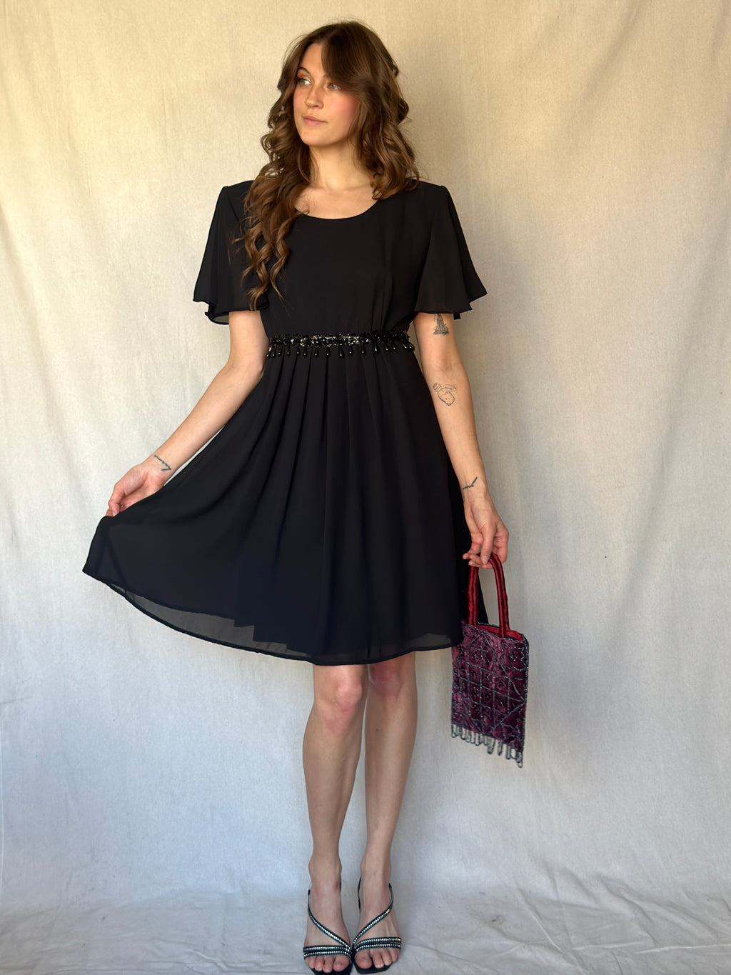 90s Mini Black Beaded Babydoll Dress