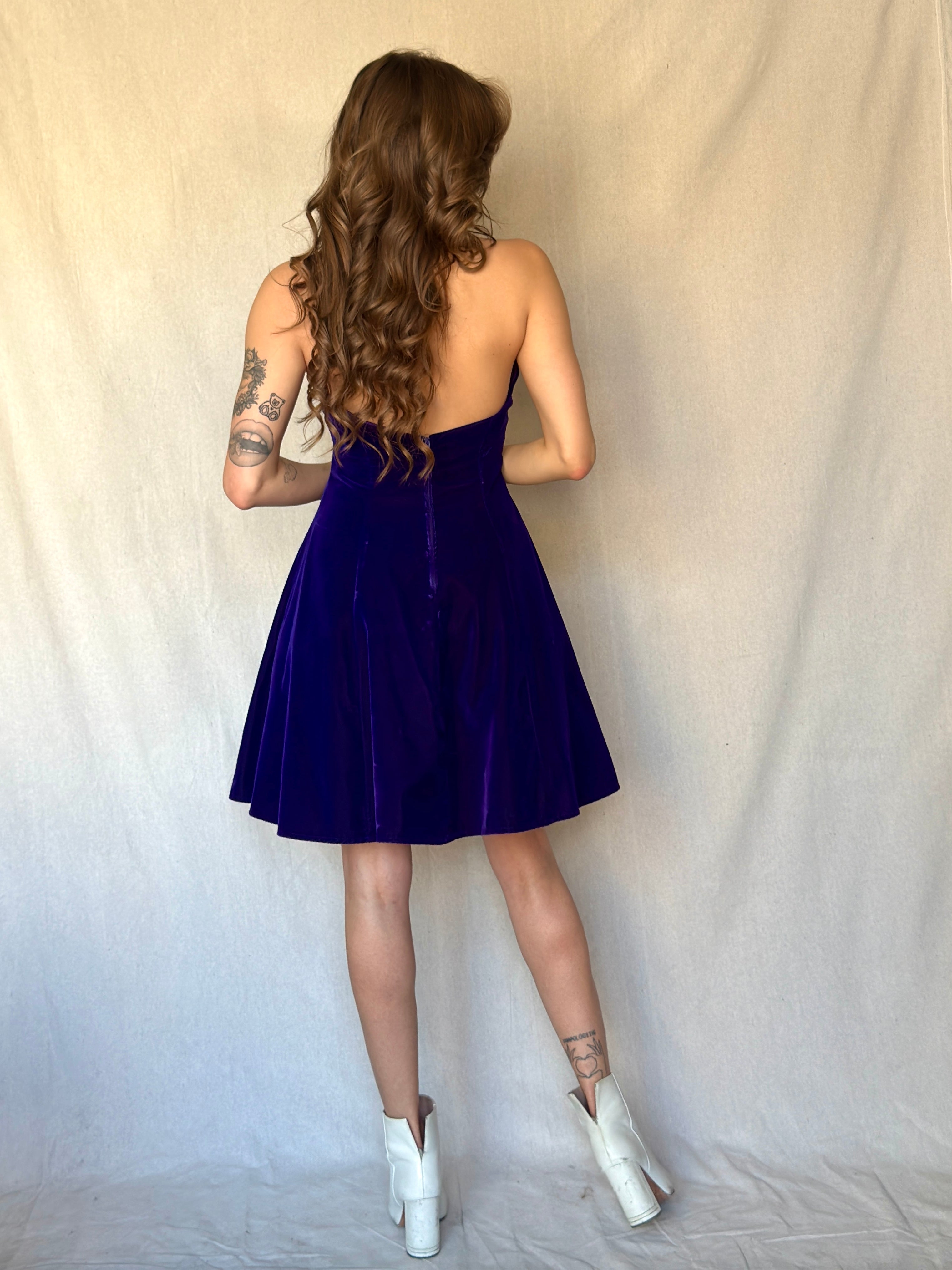 90s Purple Velvet Halter Mini Cocktail Dress