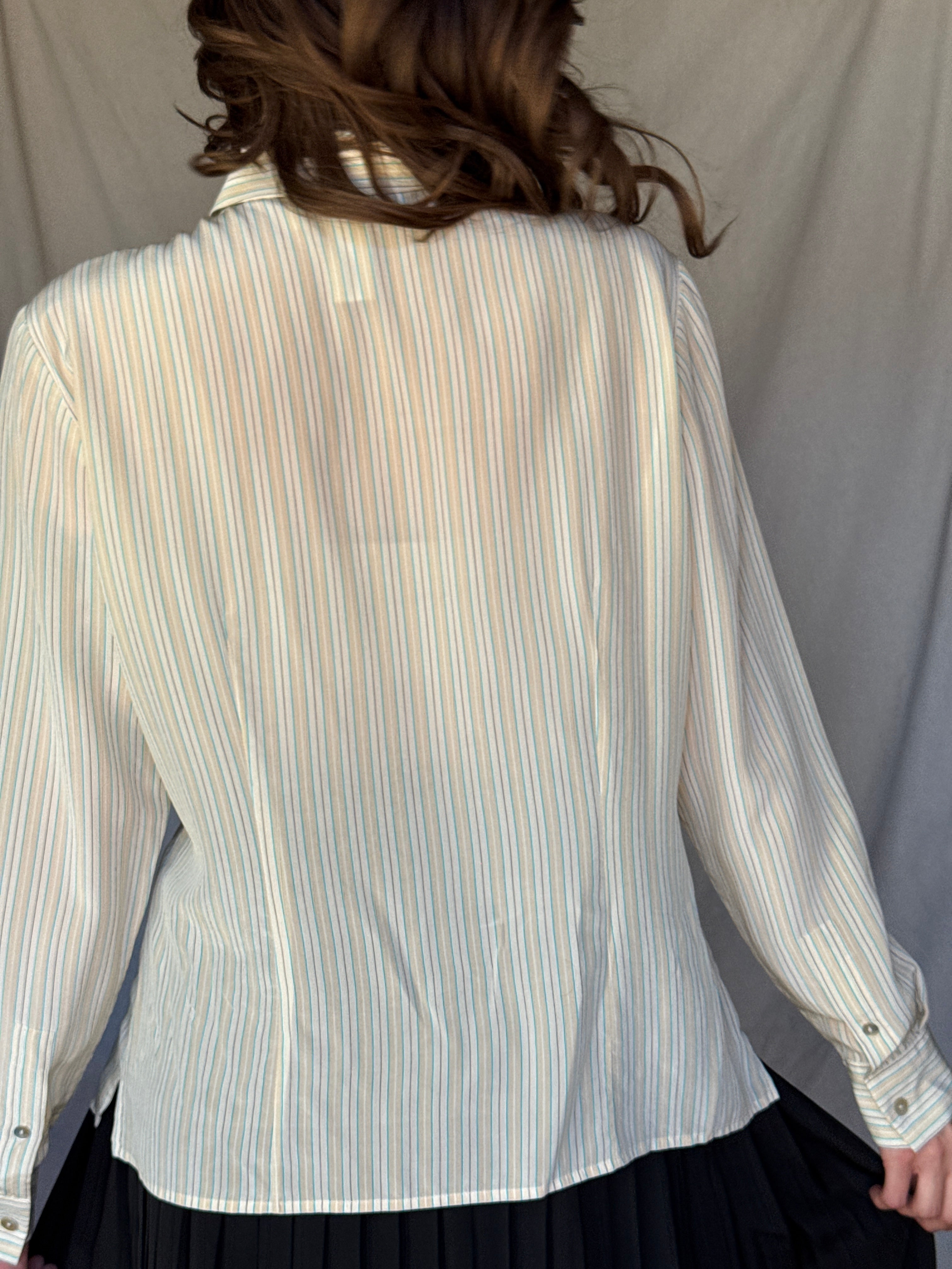 90s Cream Pinstriped Silk Button Up Shirt