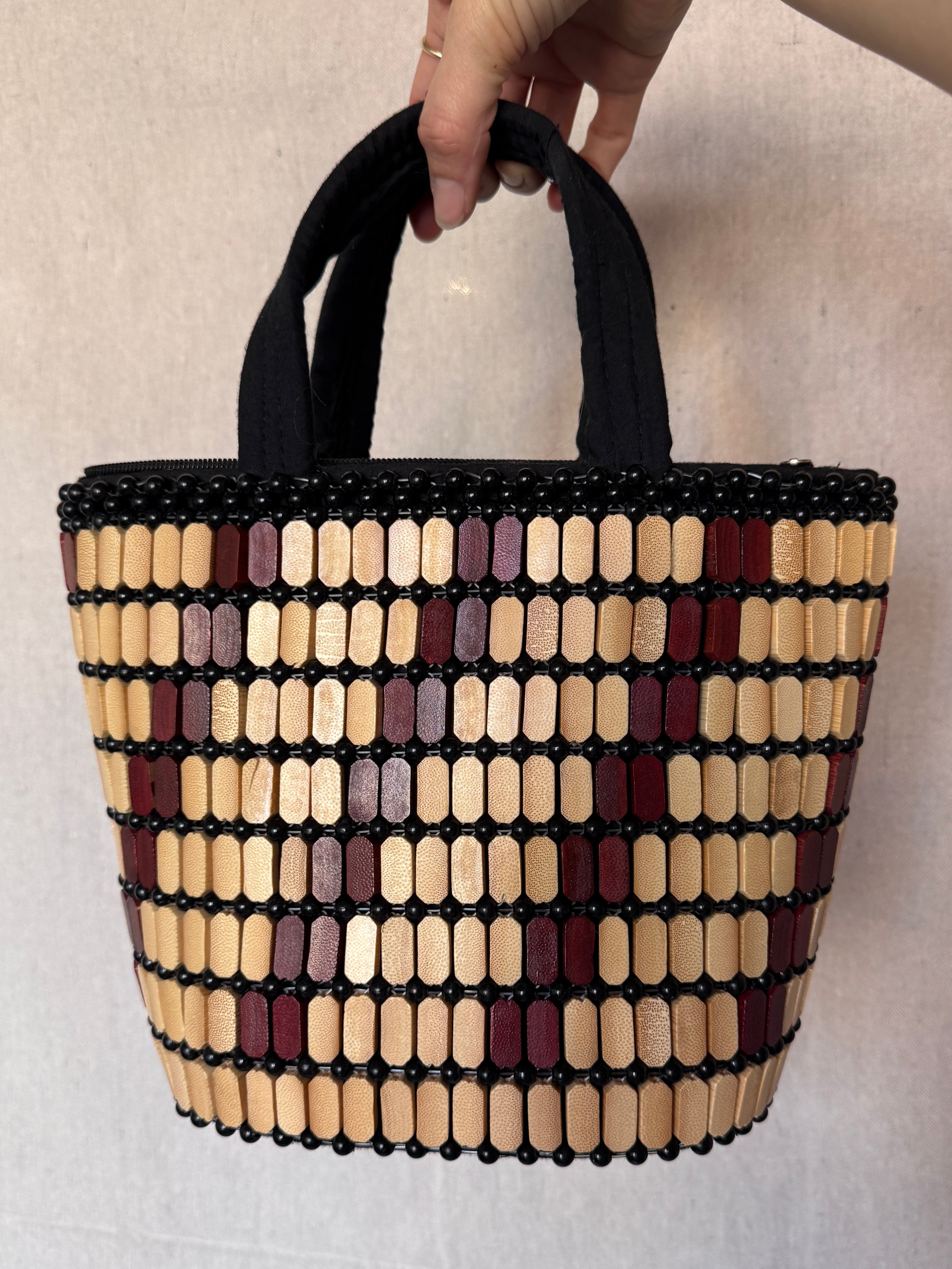 Vintage Wood Beaded Bucket Bag