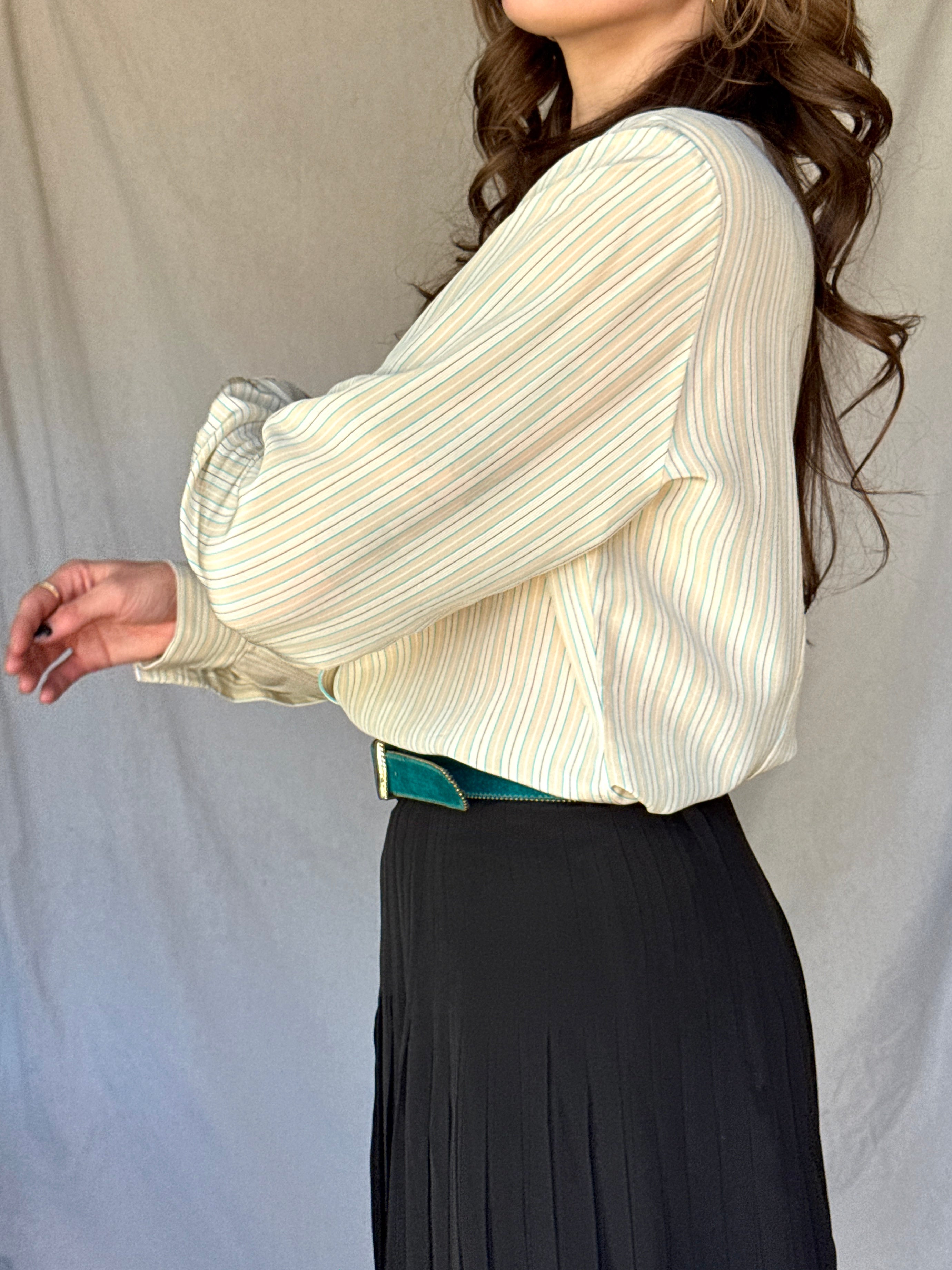 90s Cream Pinstriped Silk Button Up Shirt