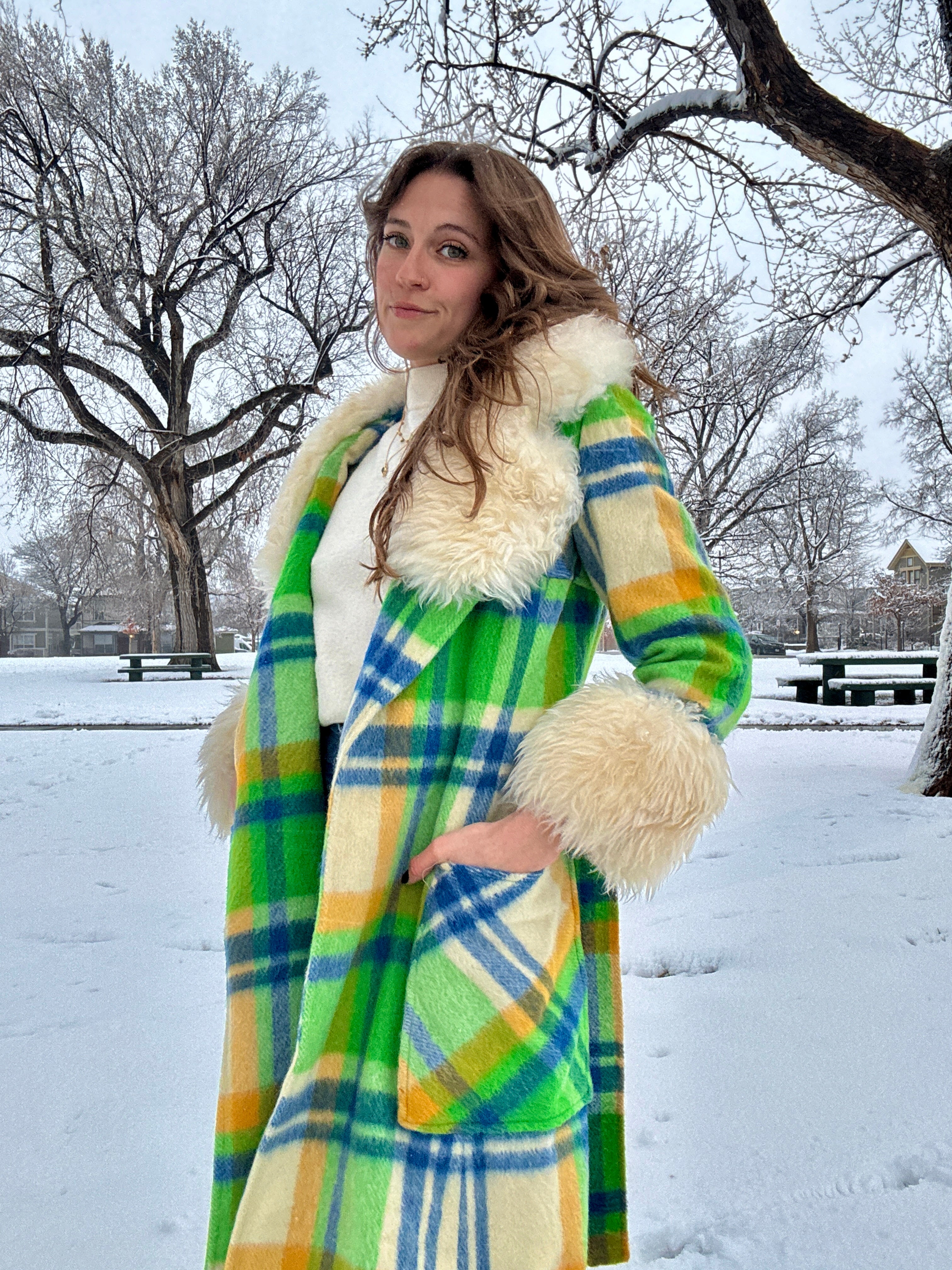 60s Union Made Green Plaid Wool Belted Coat