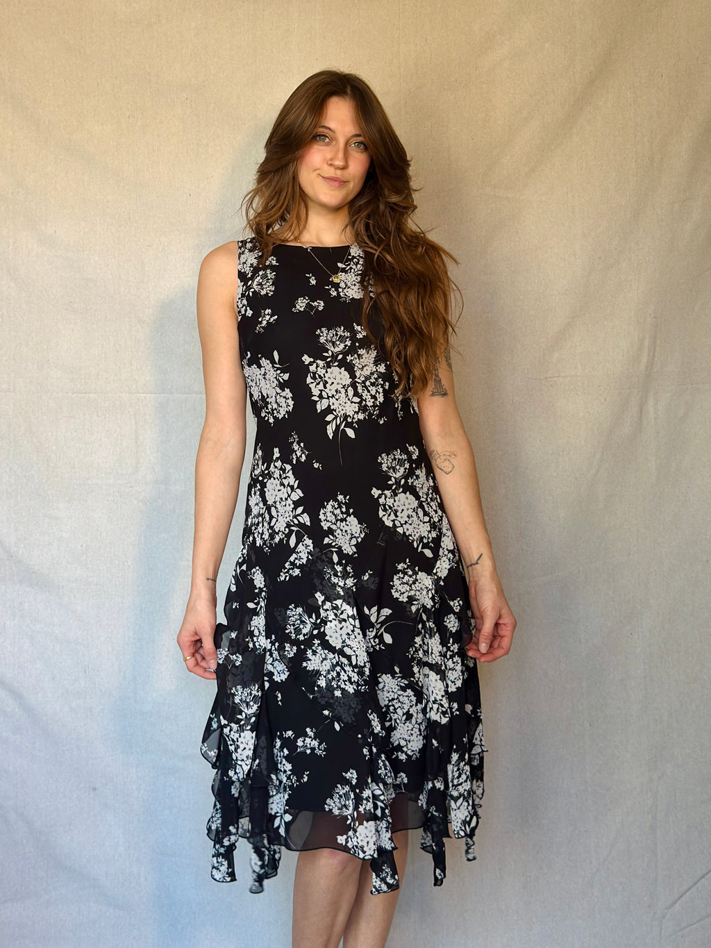Vintage Black & White Floral Ruffle Dress