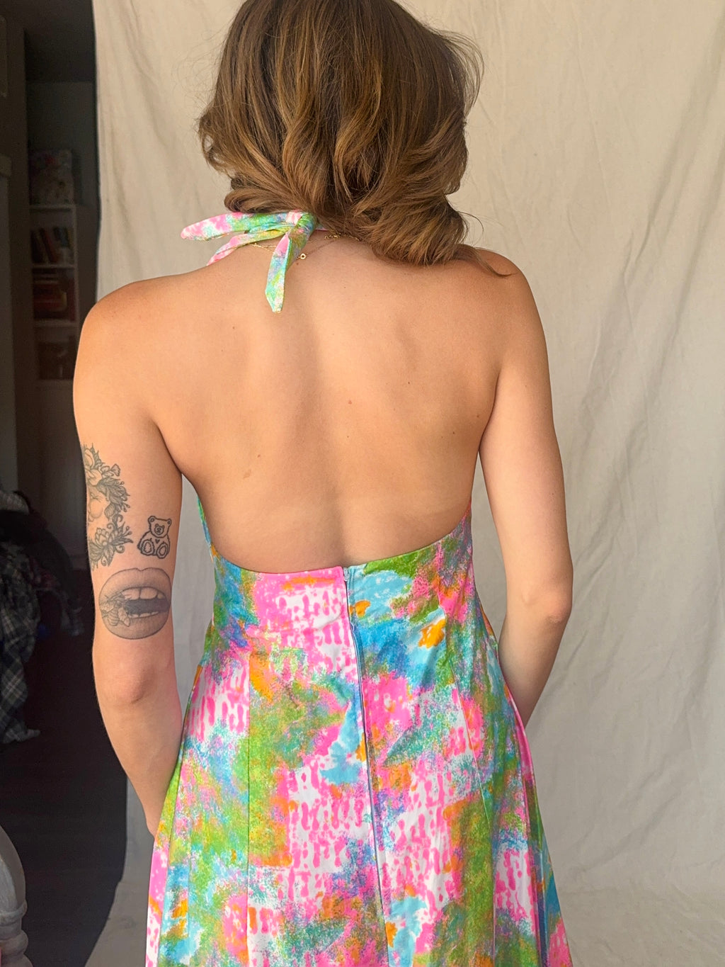 60s Handmade Dayglo Halter Maxi Dress