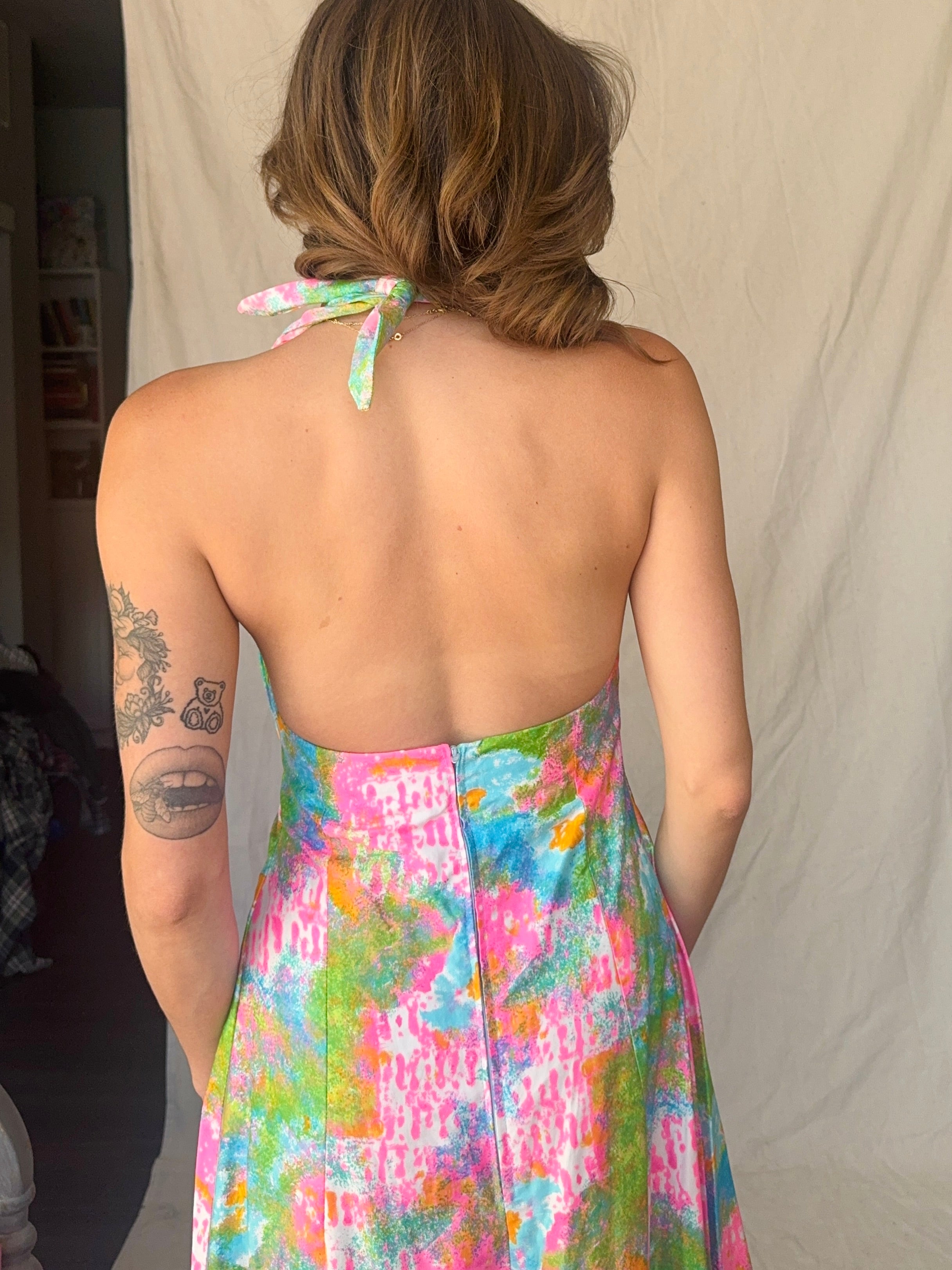 60s Handmade Dayglo Halter Maxi Dress