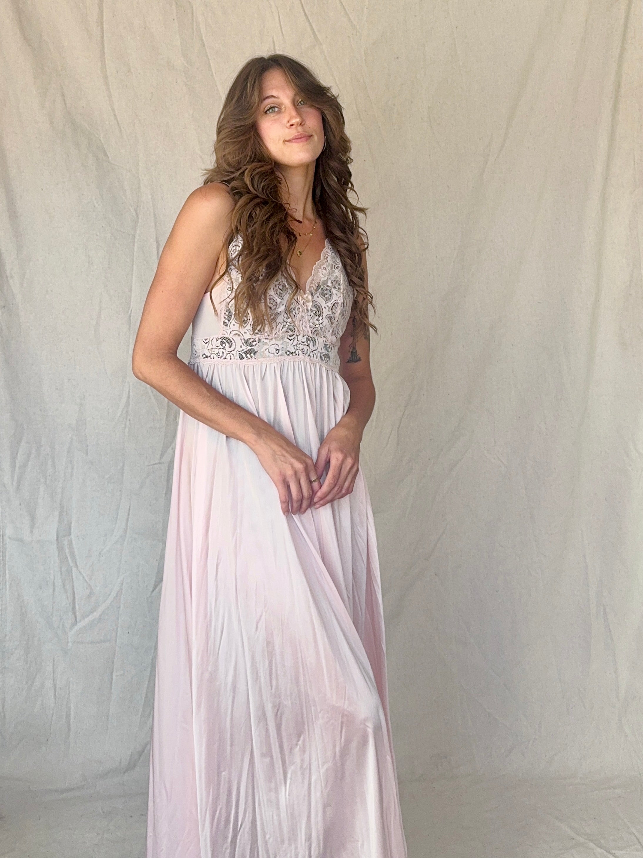 90s Baby Pink Nylon Lace Slip Dress