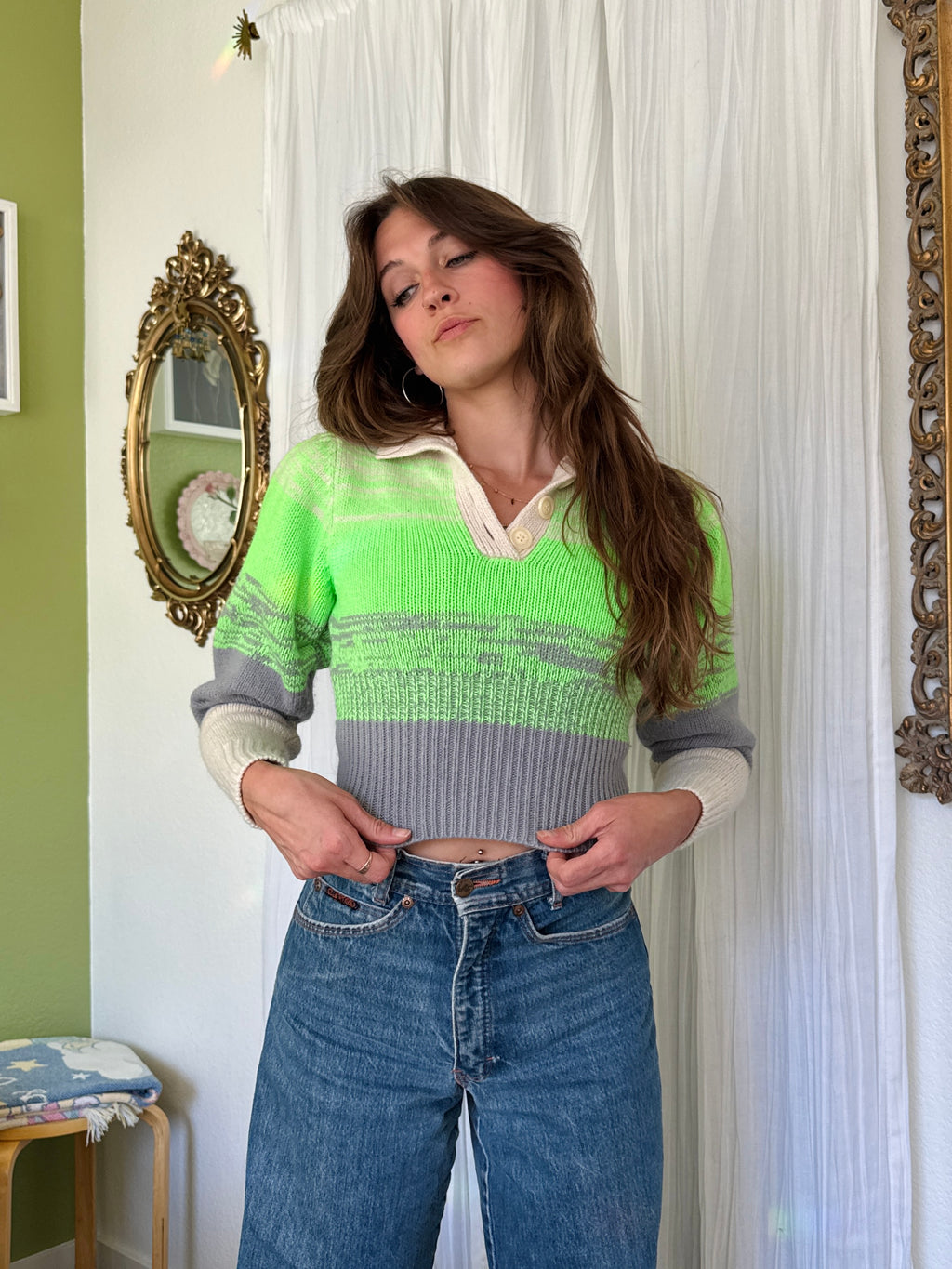 Electric Green Modern Wool Blend Henley Sweater