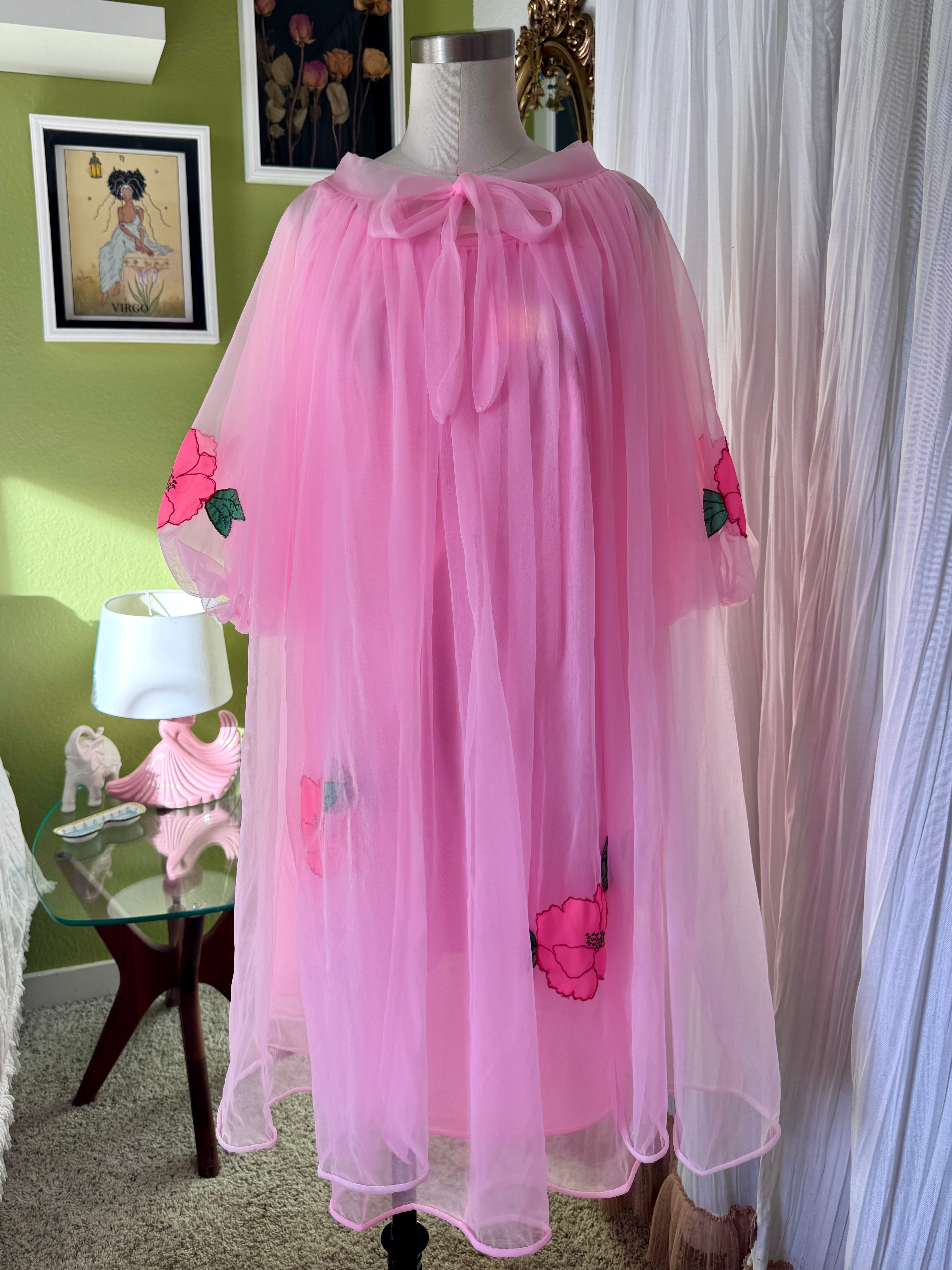 60s Pink Dayglo Nylon Hibiscus Flower Neglige & Peignoir Set