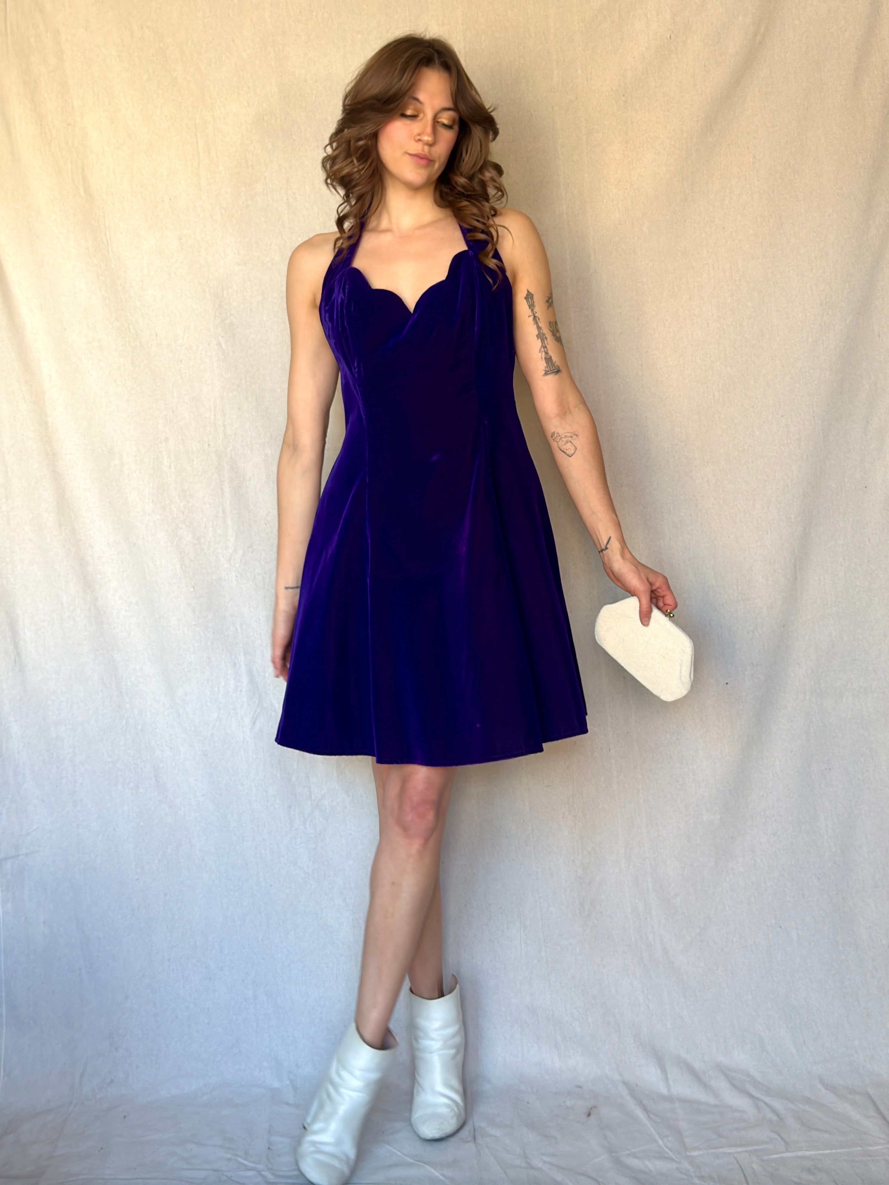 90s Purple Velvet Halter Mini Cocktail Dress