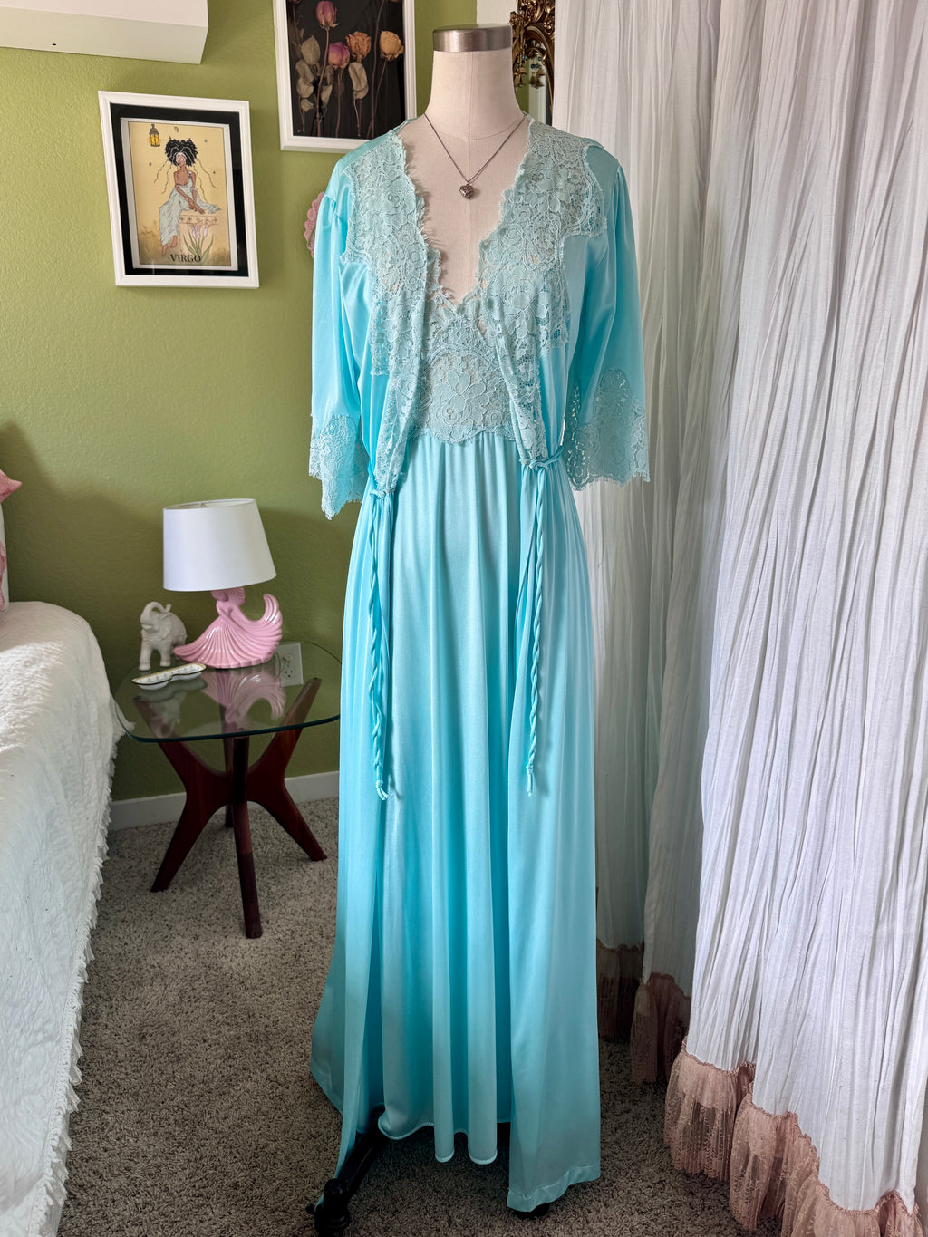 70s Turquoise Blue Nylon Neglige & Peignoir Set