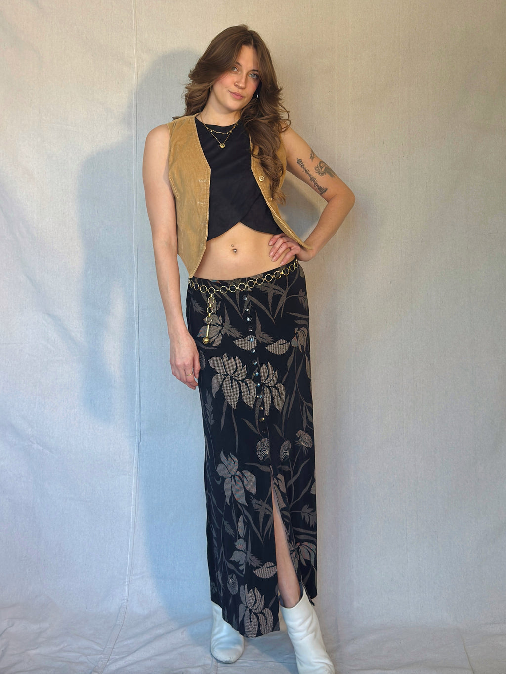 90's Black Floral Button Front Midi Skirt