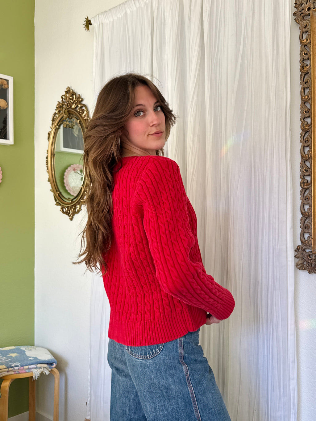 Y2K Red Cotton Cable Knit Liz Claiborne Sweater