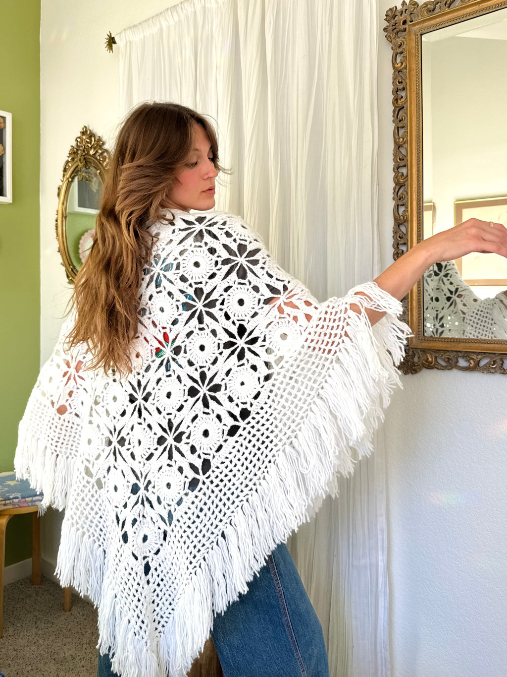 Vintage White Fringe Crochet Cottagecore Shawl