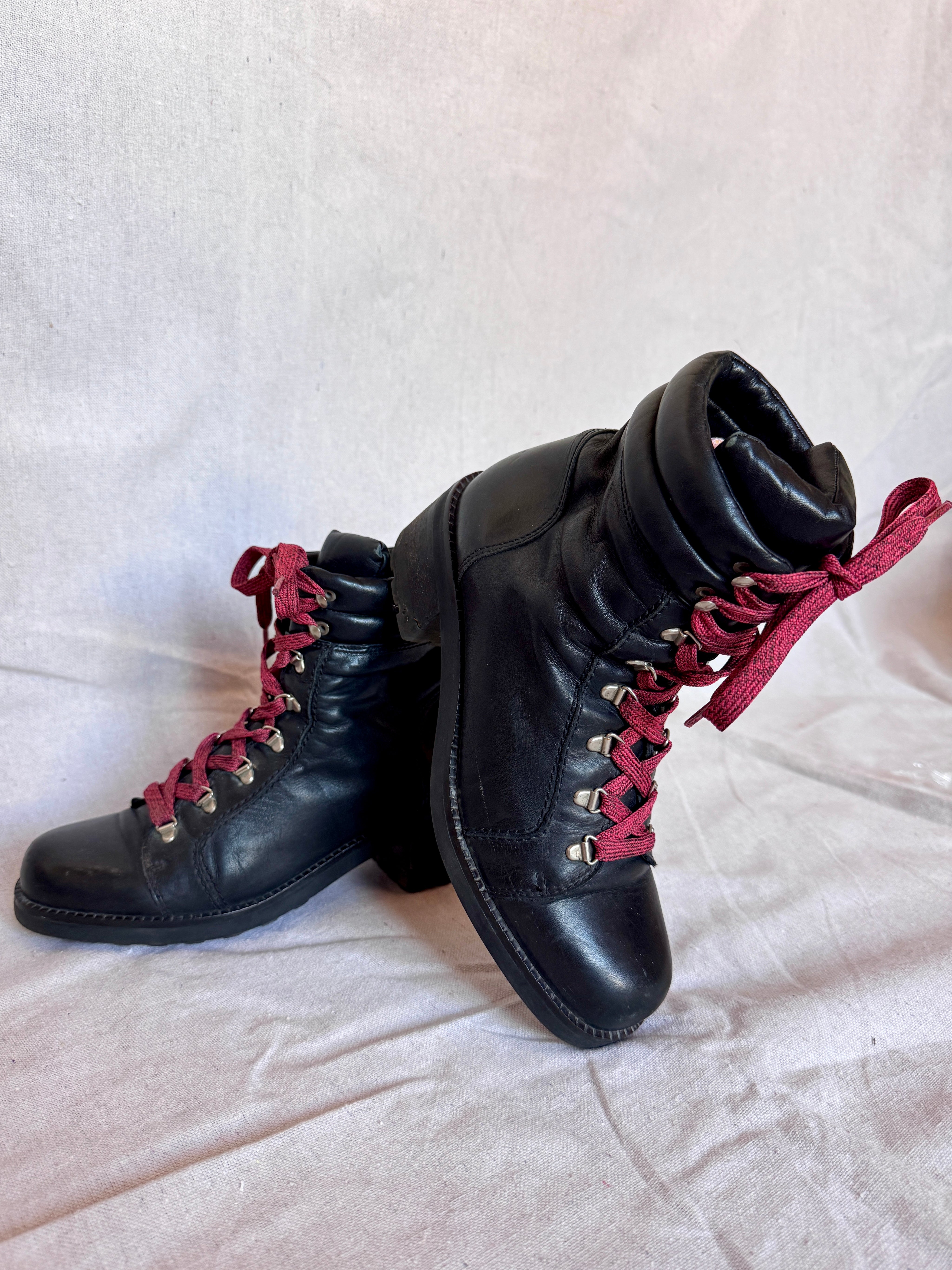 【ら】　90s　NINE WEST　ウエスタンブーツ　レザー　赤黒 90s Nine West Black Leather Lace Up Combat Boots – Soapbox Vintage
