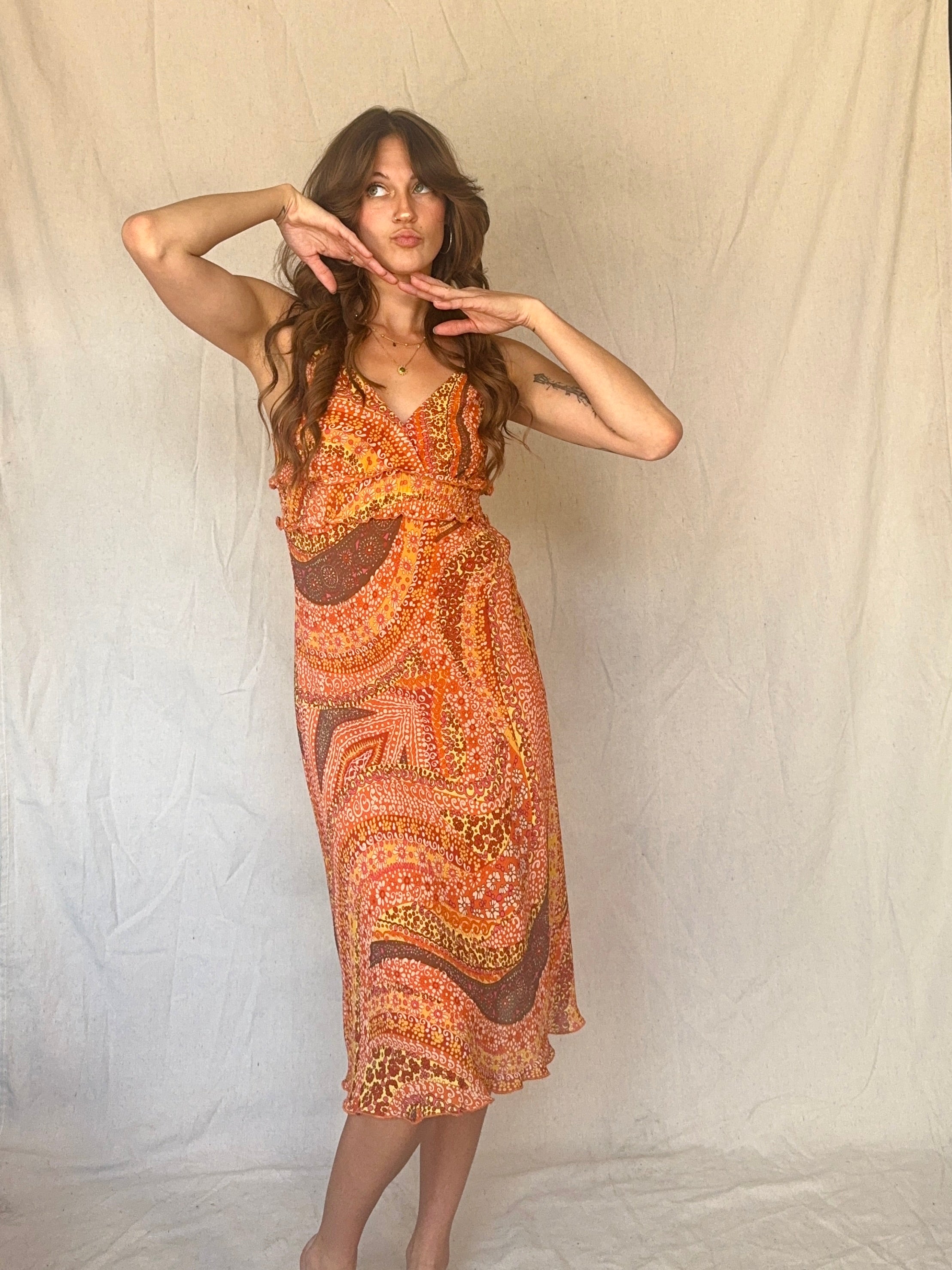 Orange Floral Swirl Ruffled Strappy Sundress (Modern)
