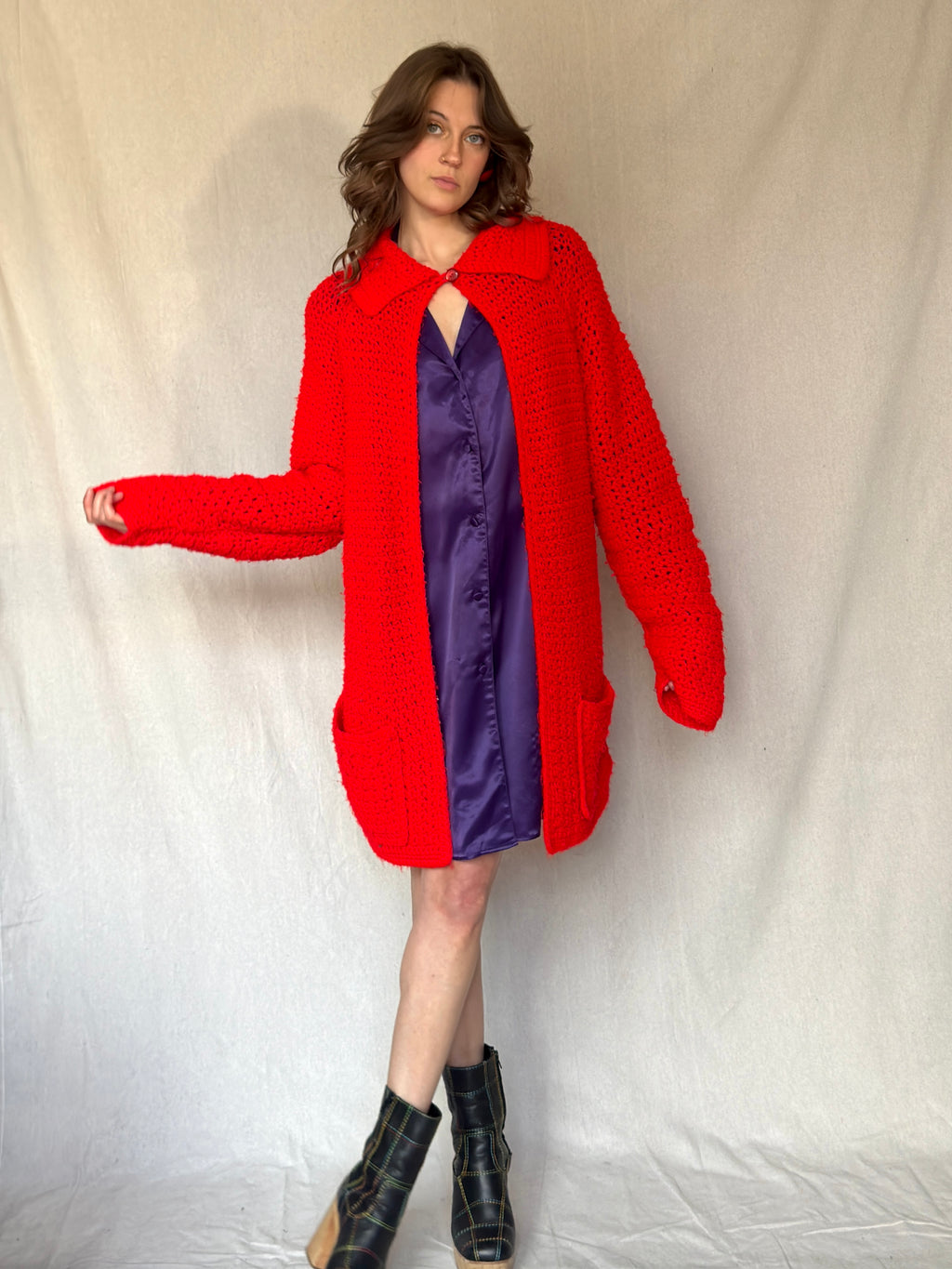 90s Purple Satin Button Up Dress