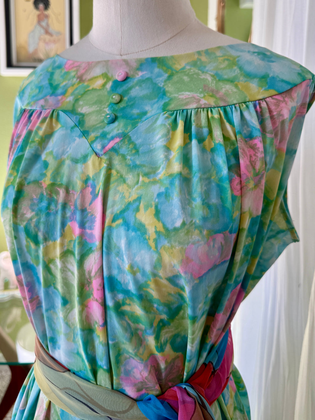 60s Green Soft Floral Babydoll Dress Night Gown