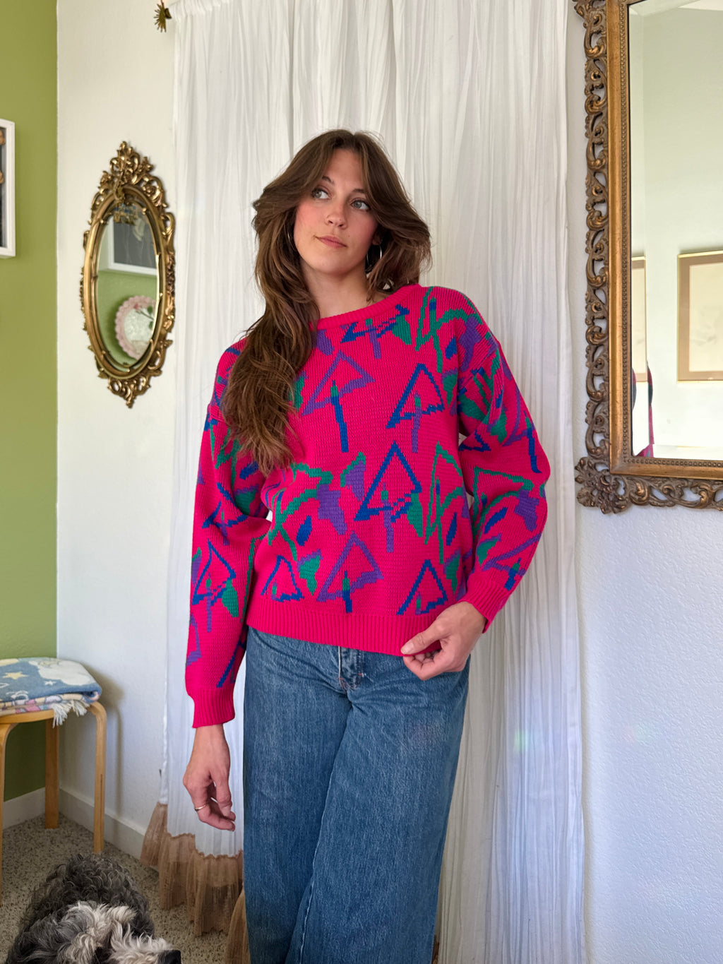 70s Hot Pink Abstract Tree Print Sweater