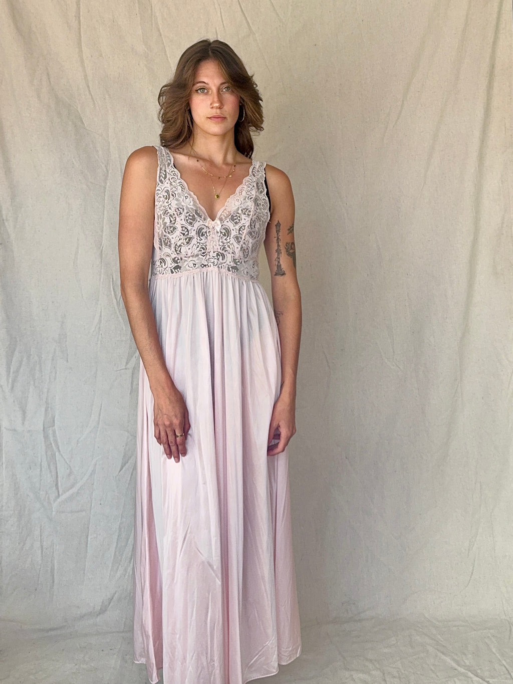 90s Baby Pink Nylon Lace Slip Dress