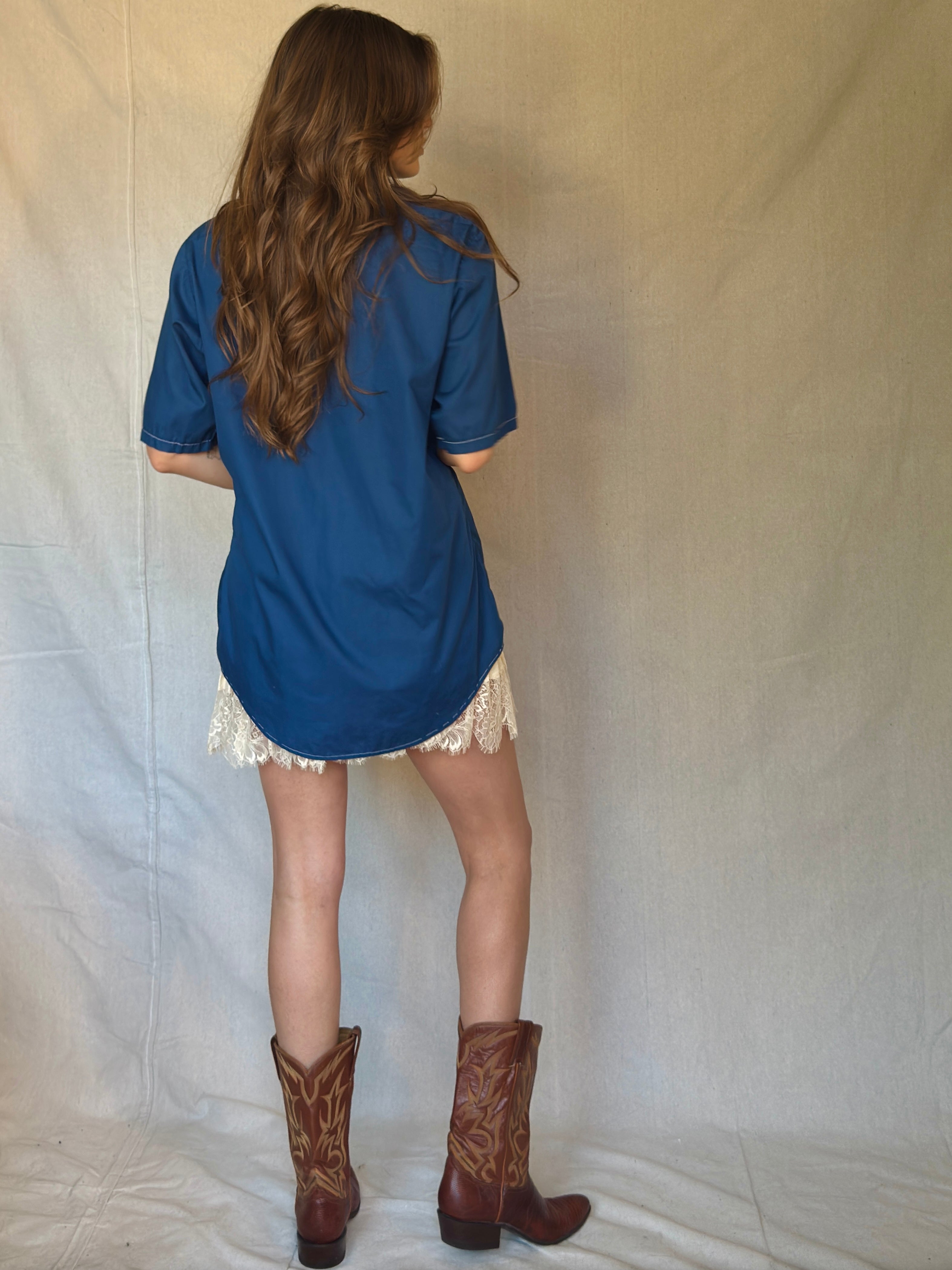 70s Blue Wing Collar Button Up