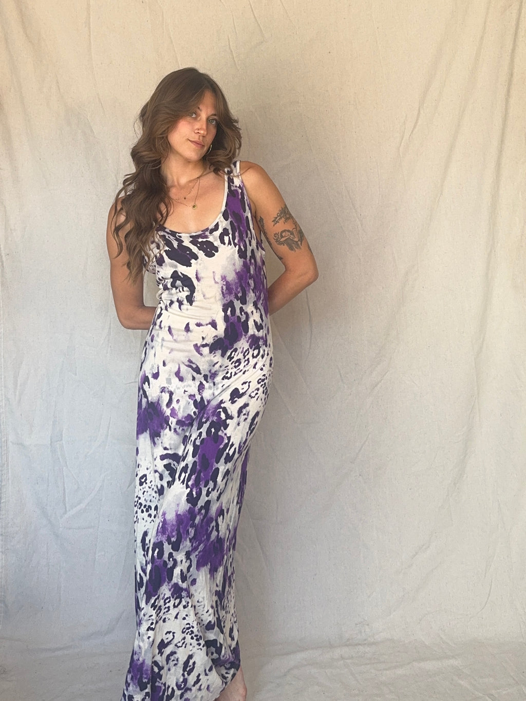 90s Purple Leopard Print Maxi Slip Dress