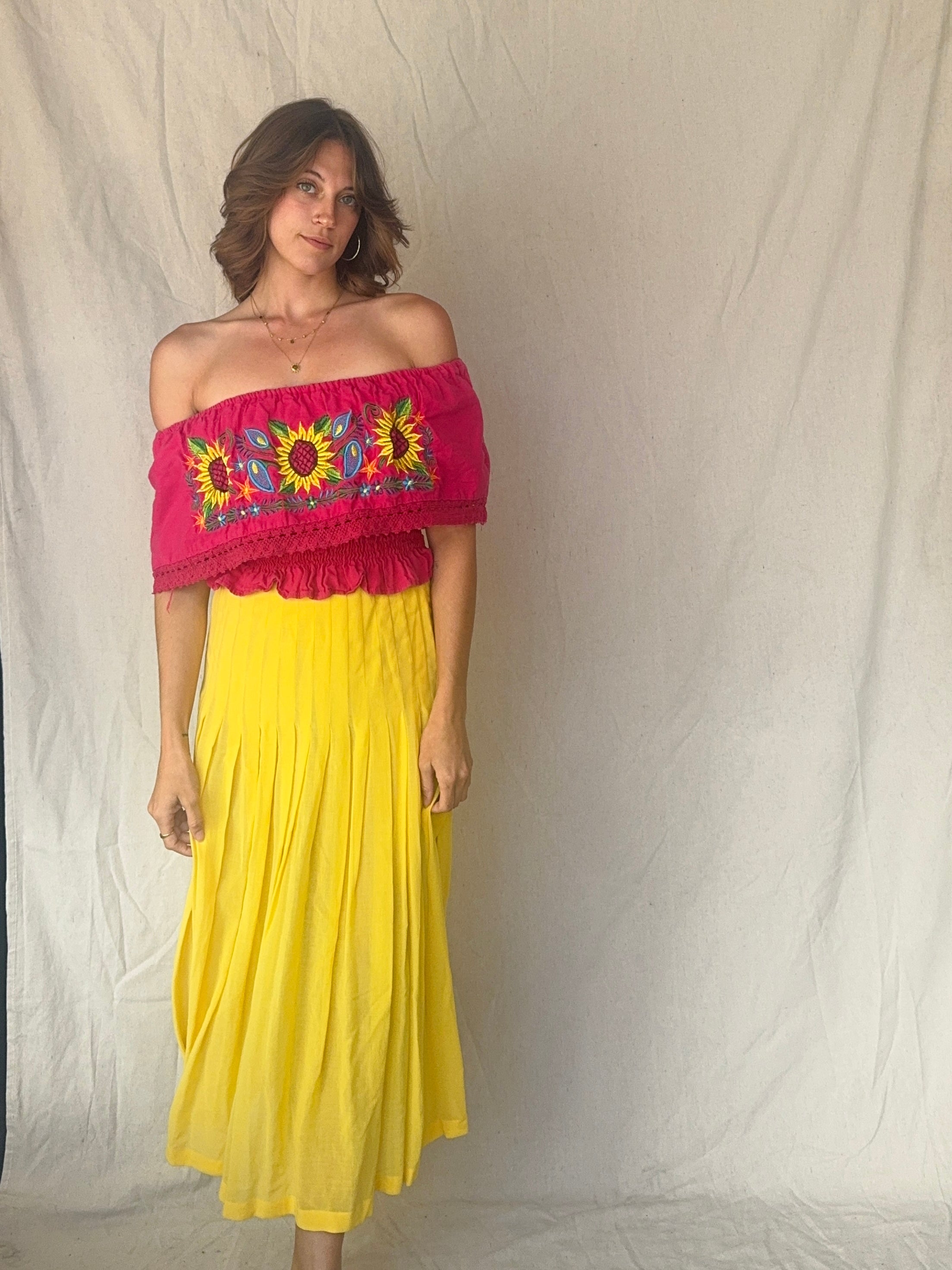 Vintage Hot Pink Off the Shoulder Embroidered Sunflower Oaxacan Summer Top