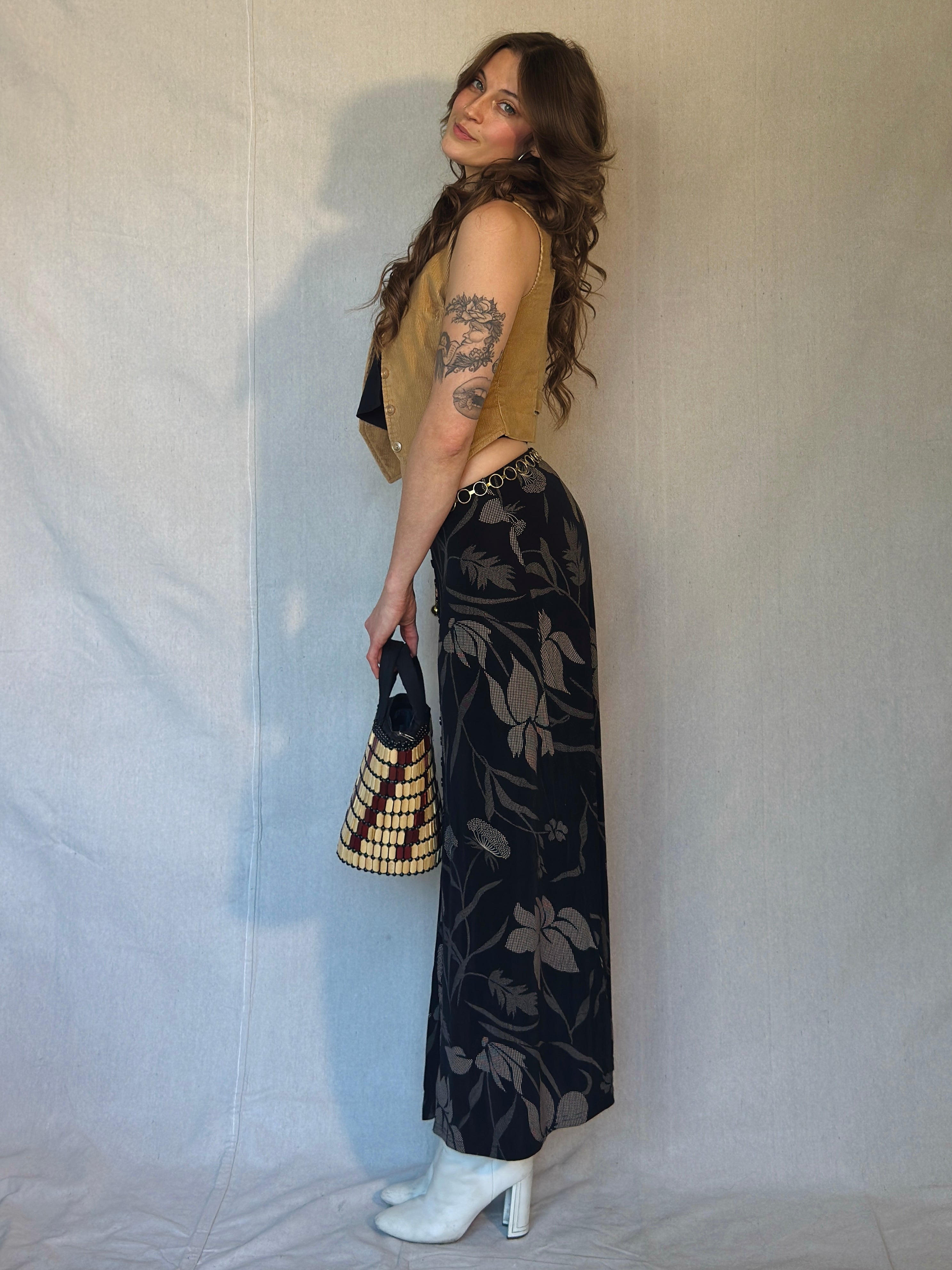 90's Black Floral Button Front Midi Skirt