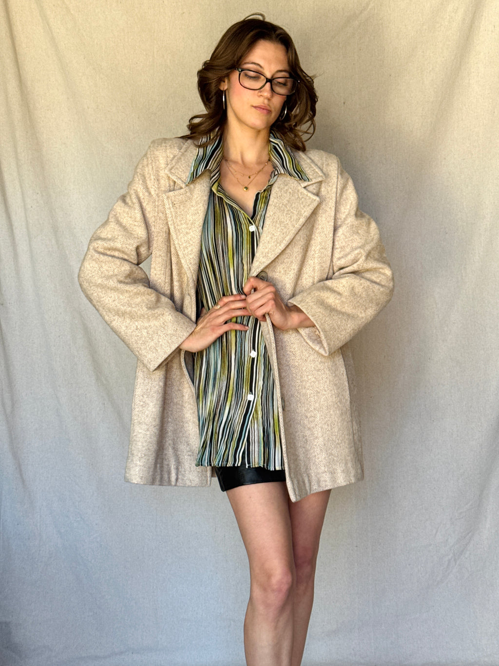 Vintage Sandy Brown Chevron Wool Coat