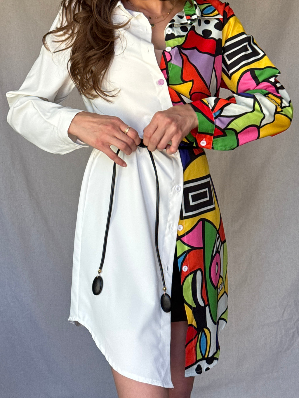 White Split Patterned Shirt Dress (Modern)