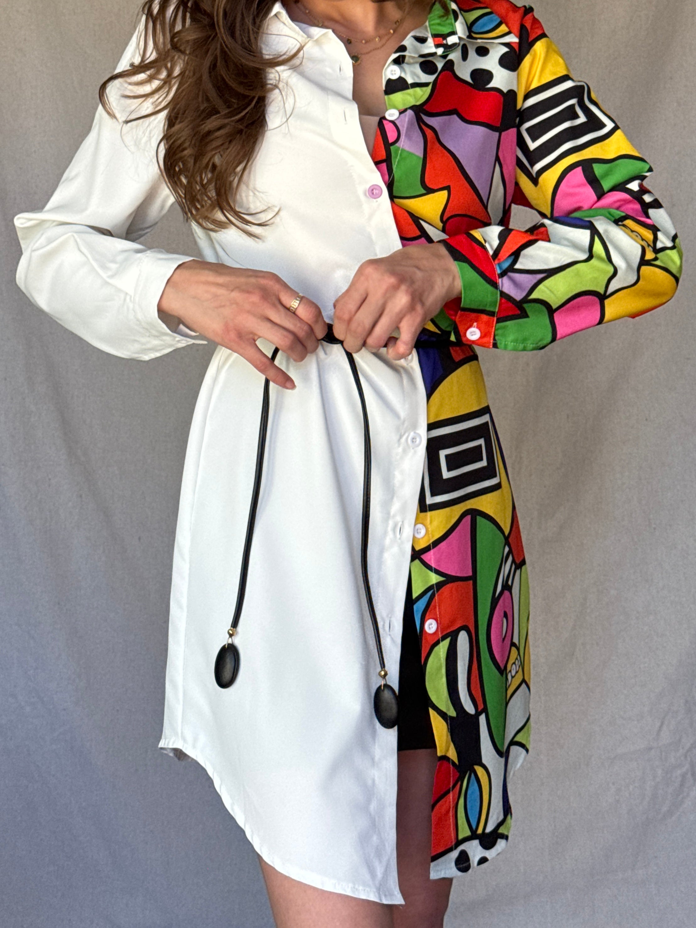 White Split Patterned Shirt Dress (Modern)