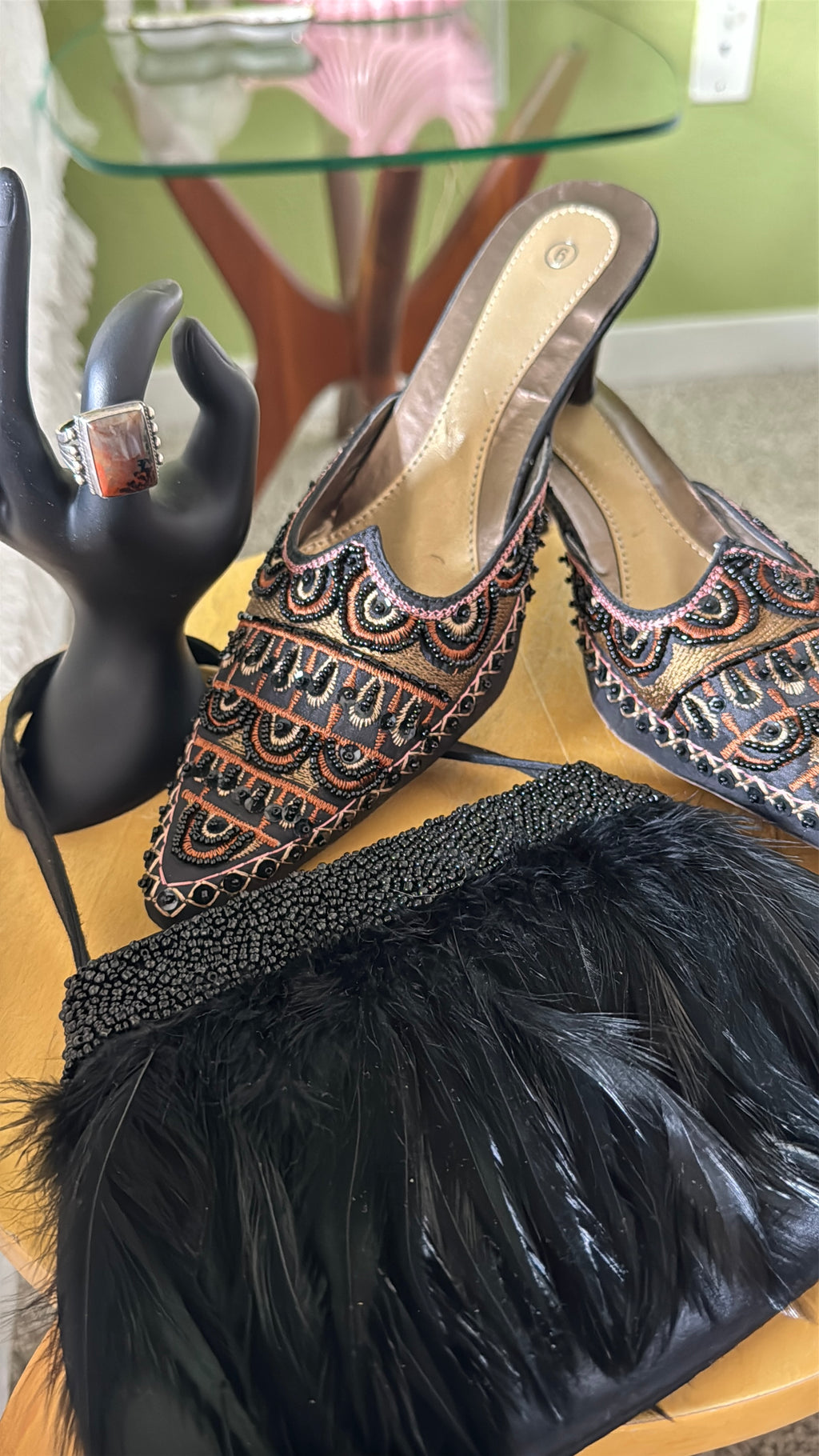 90s Black Beaded Feather Evening Handbag
