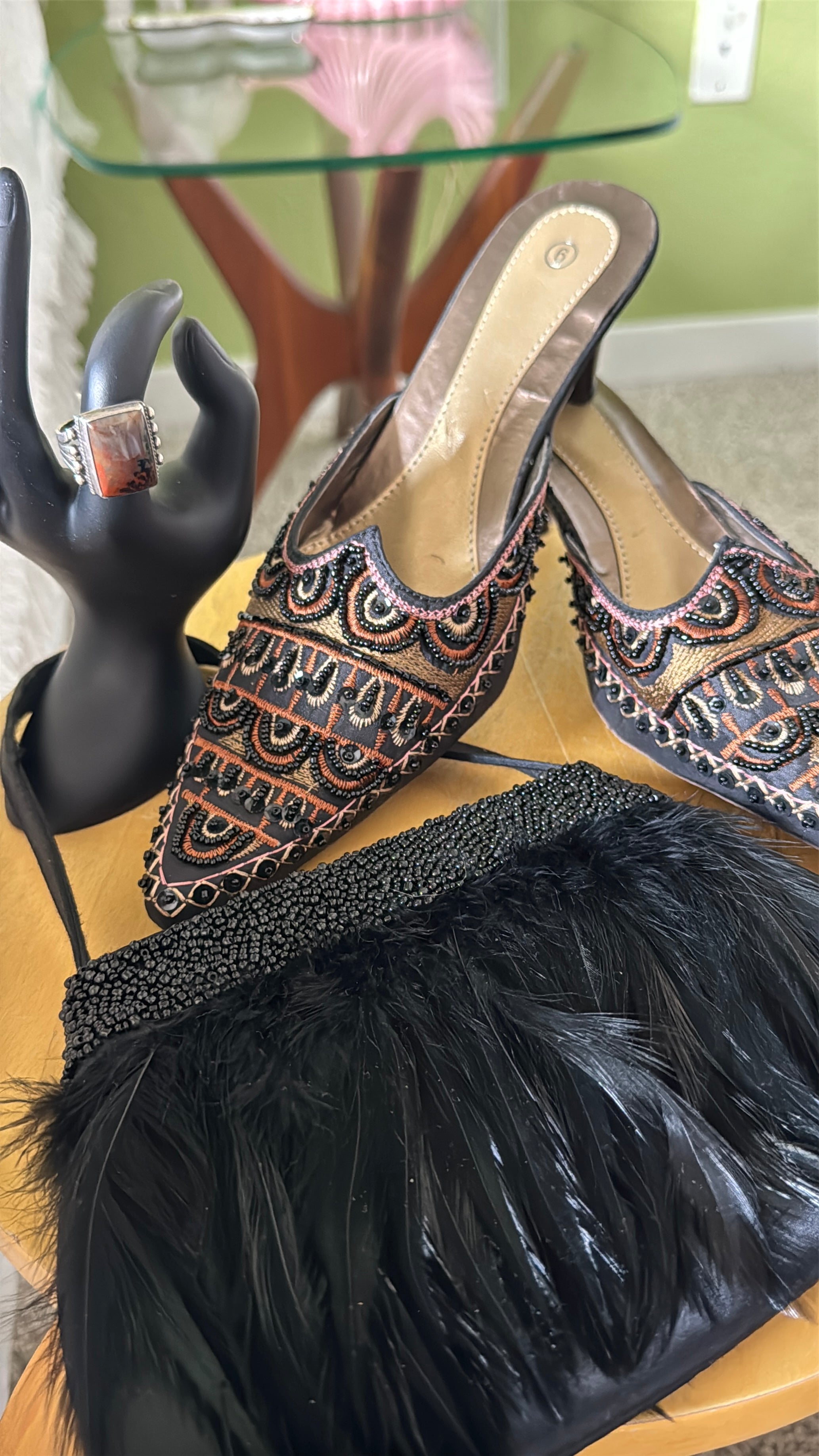 90s Black Beaded Feather Evening Handbag