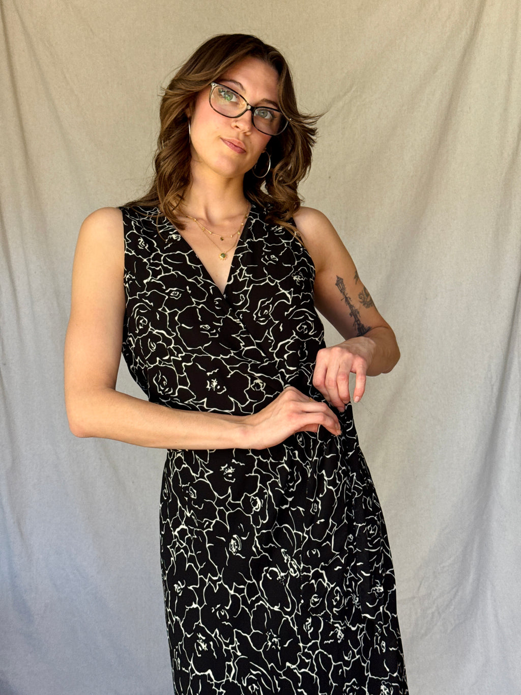 90s Black Floral Sleeveless Wrap Dress