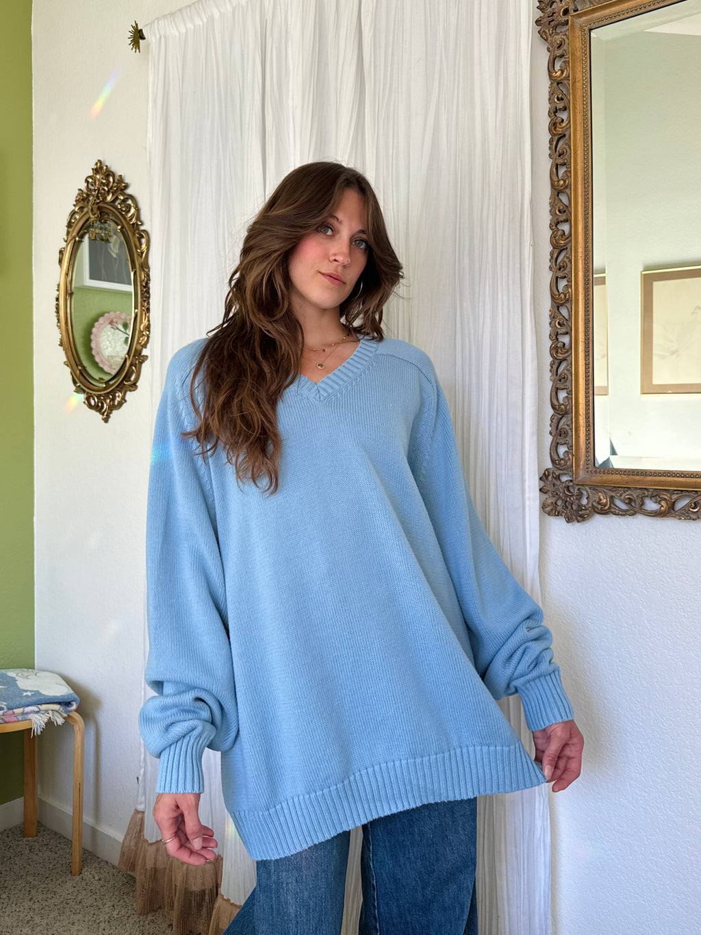 Vintage Lands Ends Cotton Powder Blue Grandpa Sweater