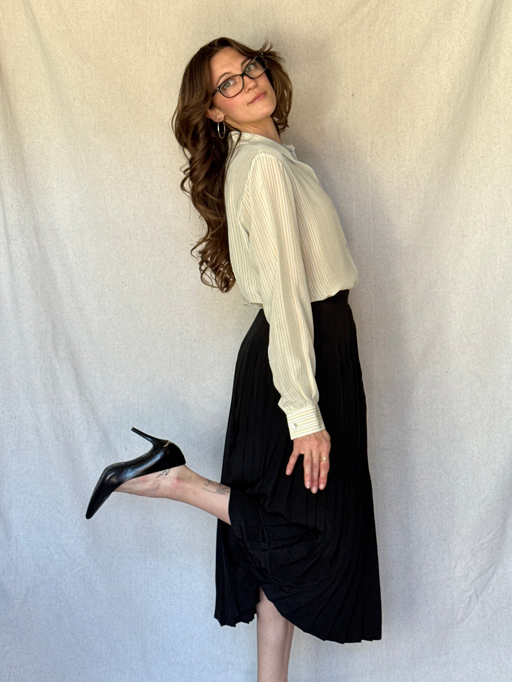 70s St. Martin Black Silk Pleated Midi Skirt
