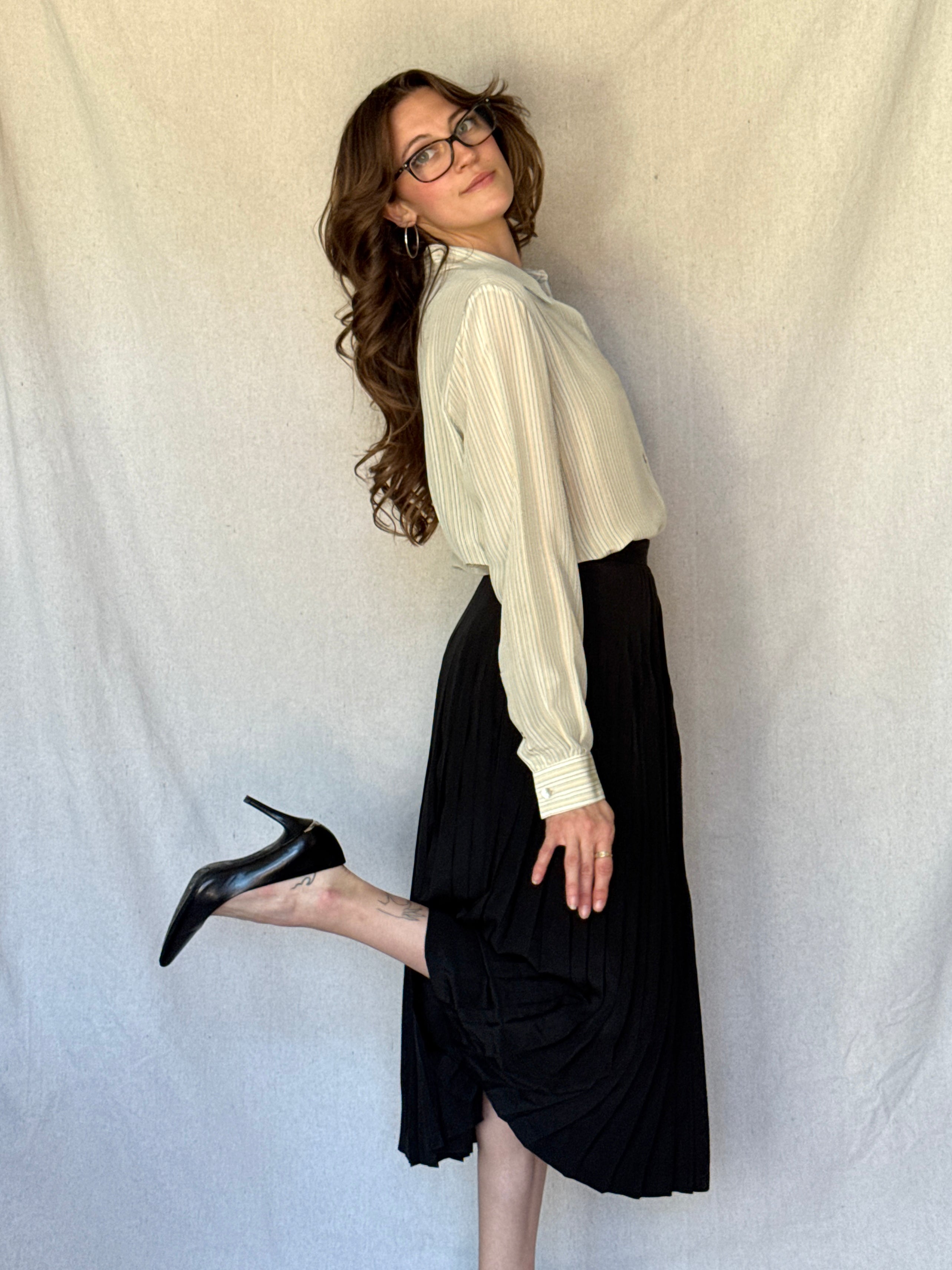 70s St. Martin Black Silk Pleated Midi Skirt
