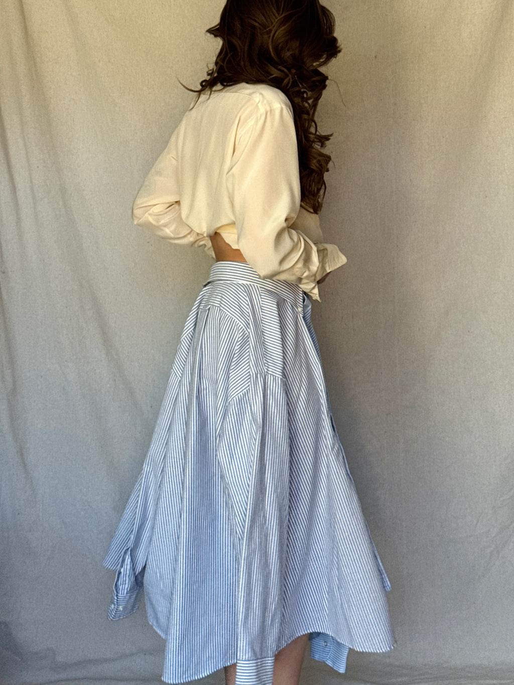 Repurposed Blue Pinstriped Button Up Skirt Set