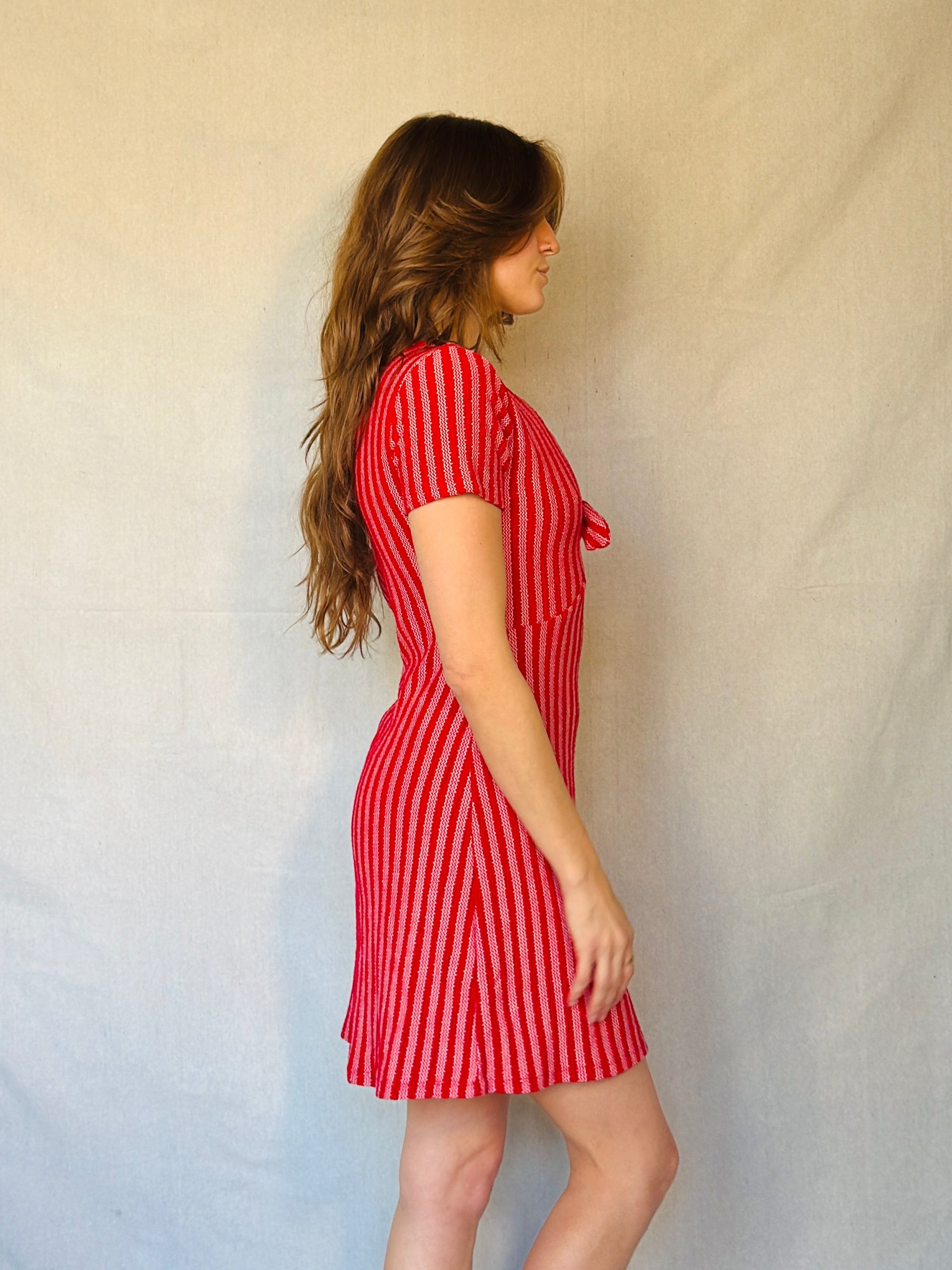 Red Striped Tie Front Mini Dress (Modern)