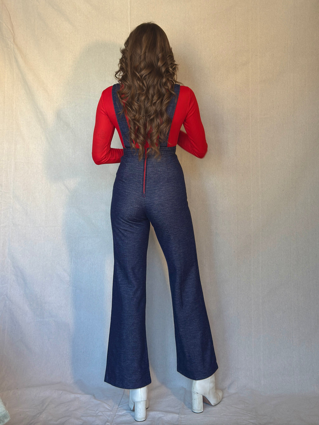 70s Red Apple Peter Pan Collar Overall Jumpsuit