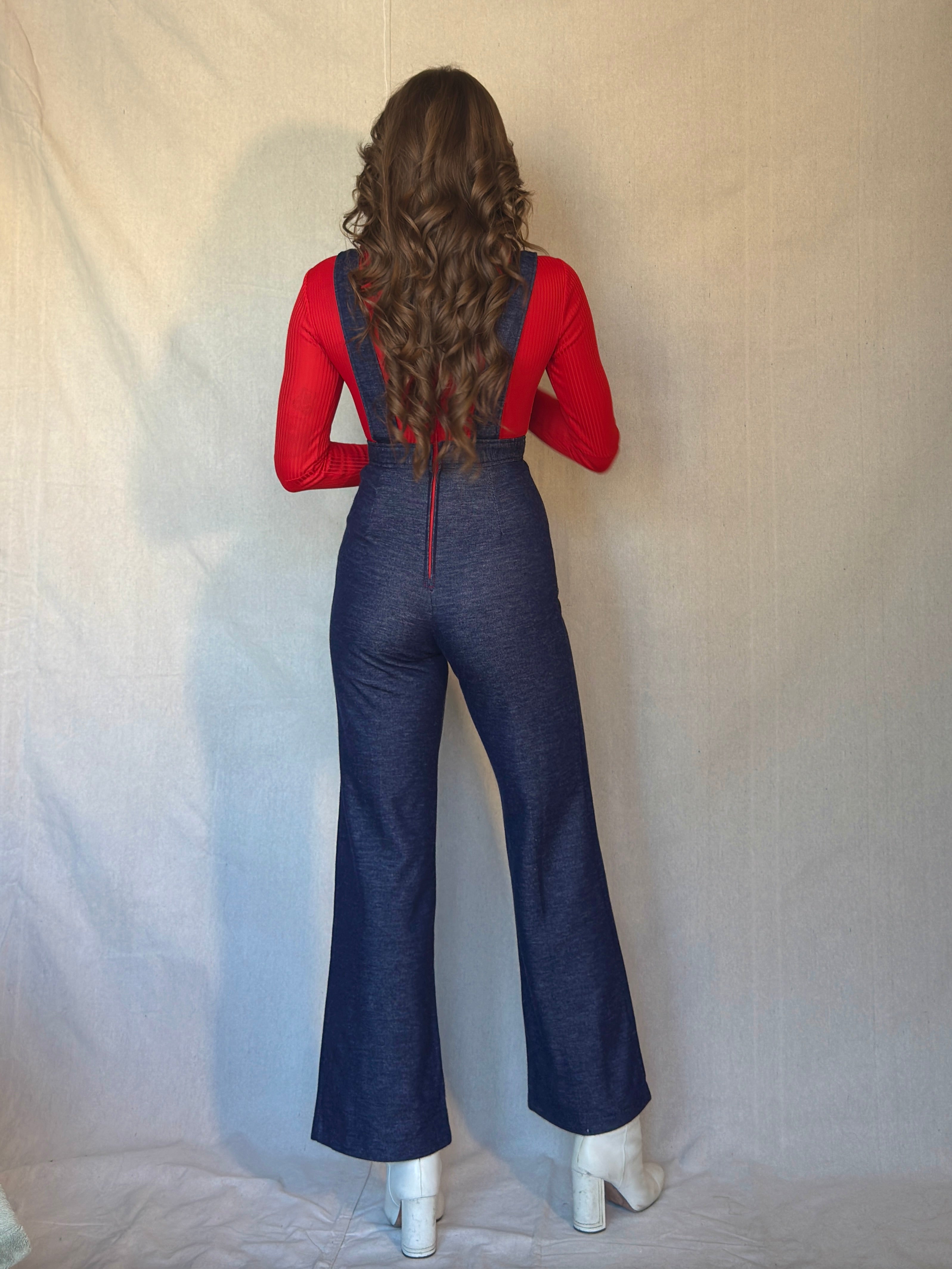 70s Red Apple Peter Pan Collar Overall Jumpsuit