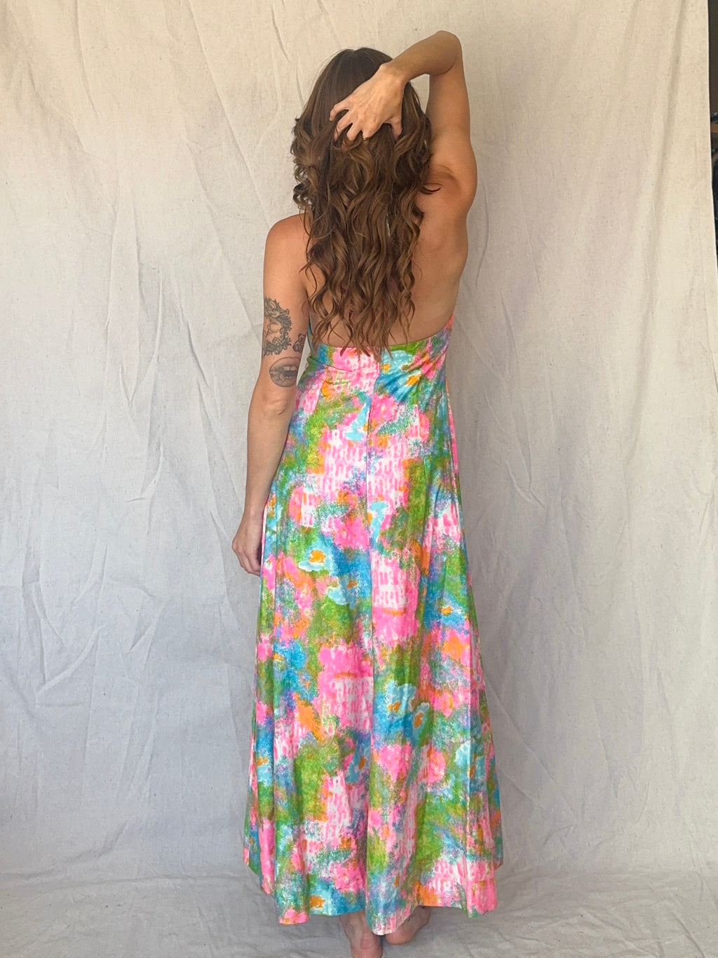 60s Handmade Dayglo Halter Maxi Dress