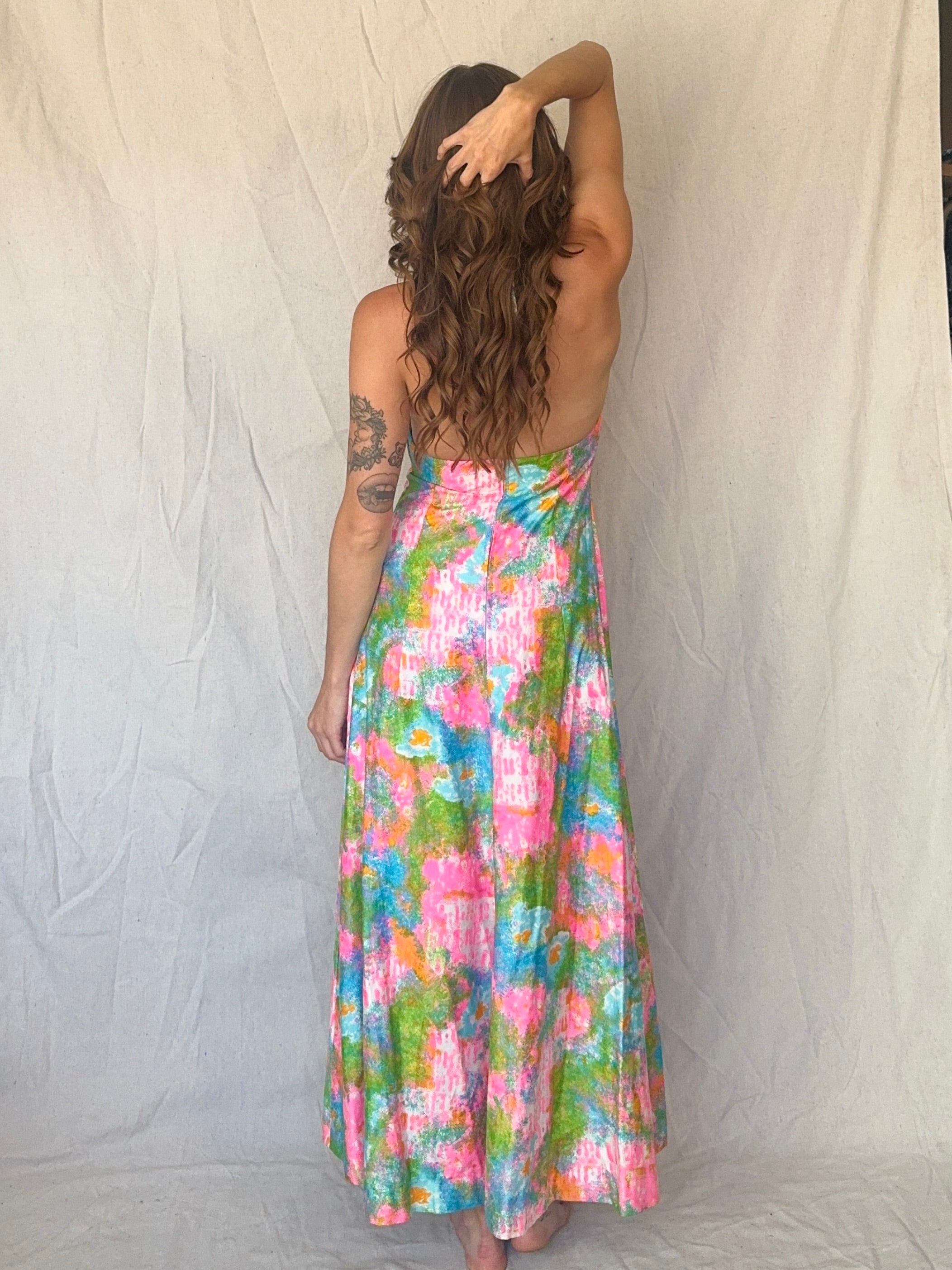 60s Handmade Dayglo Halter Maxi Dress