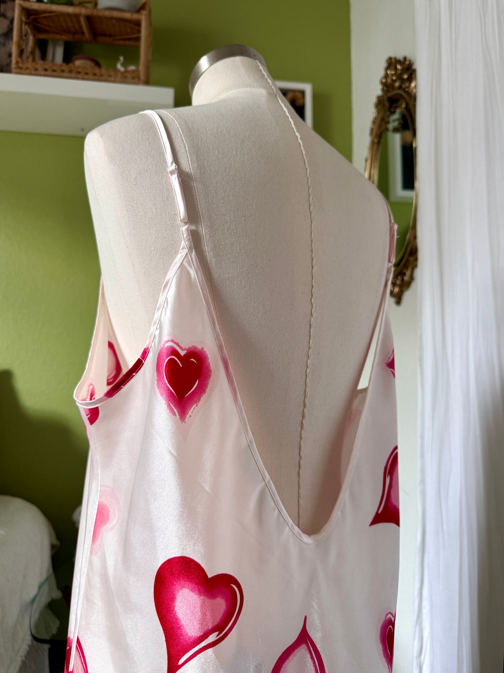 Y2K White Heart Print Satin Mini Slip Dress