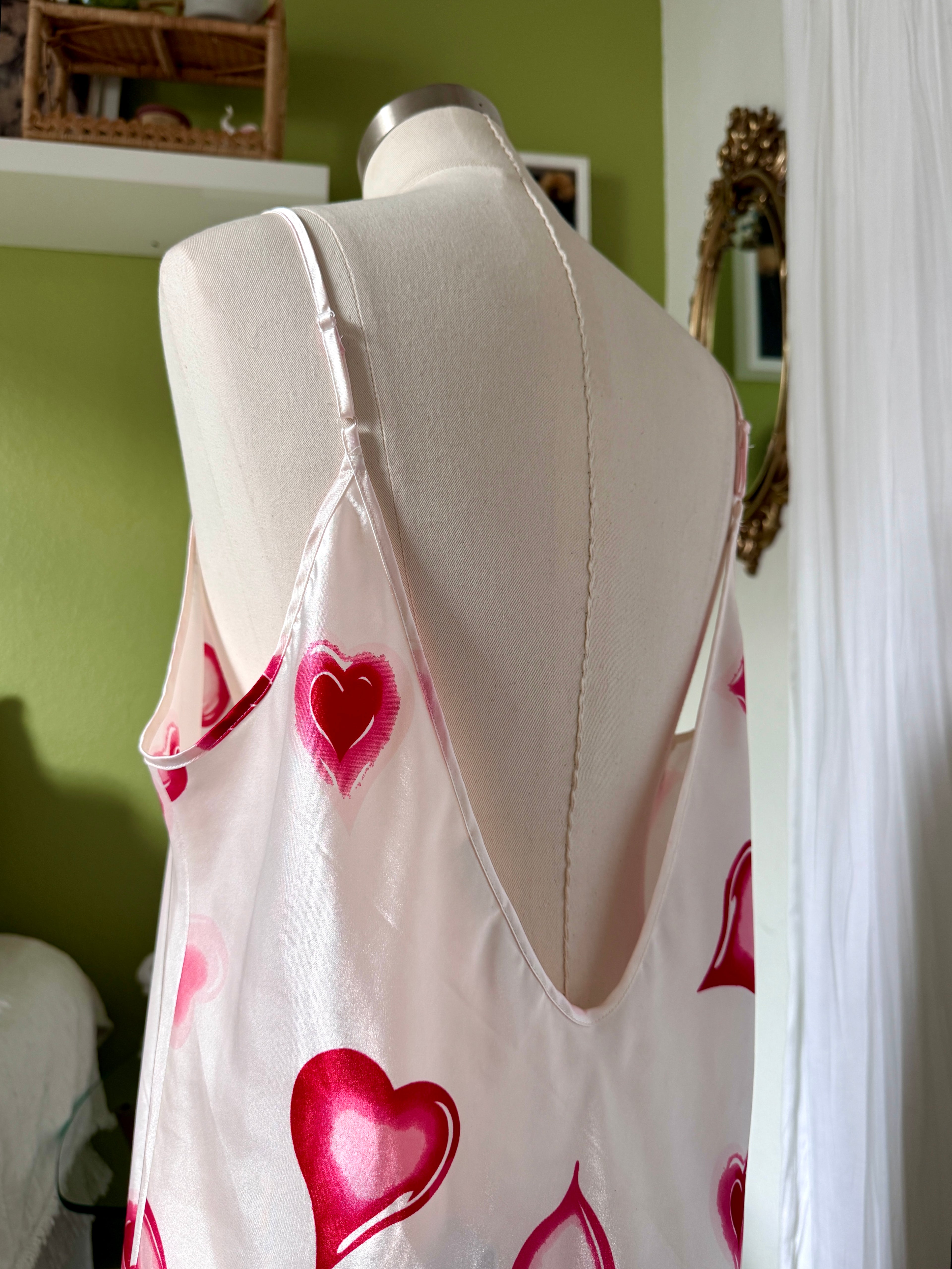 Y2K White Heart Print Satin Mini Slip Dress
