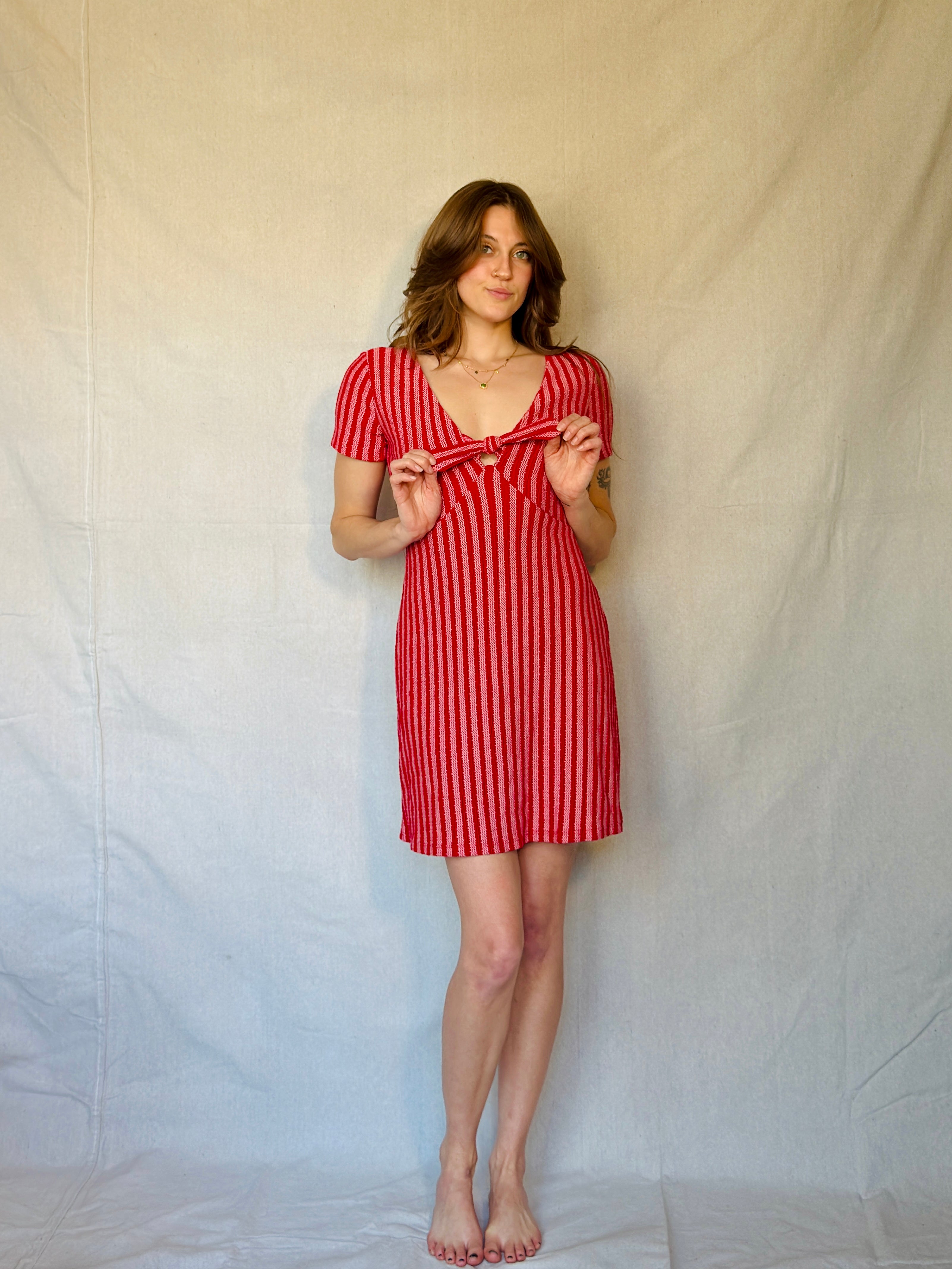 Red Striped Tie Front Mini Dress (Modern)