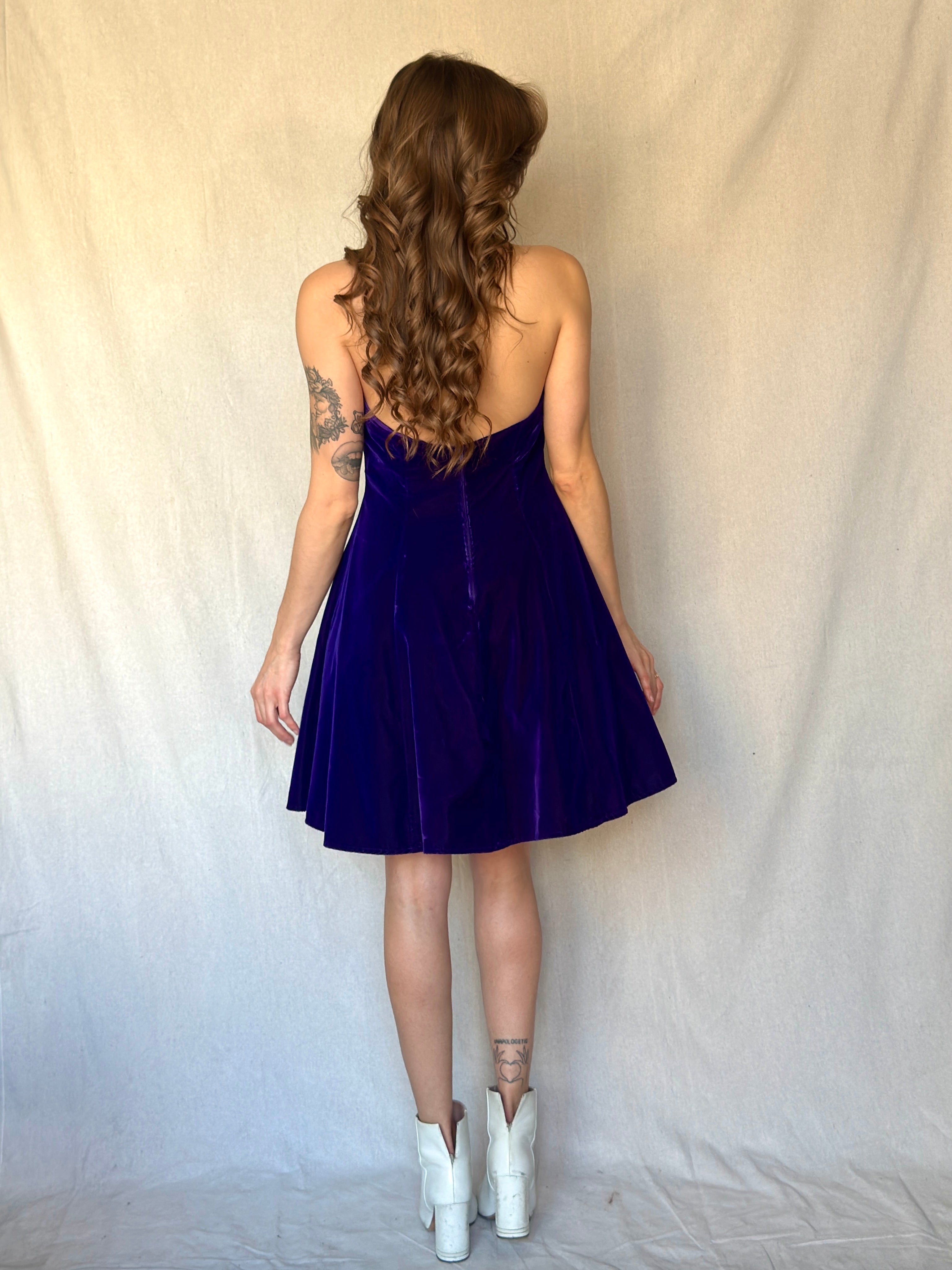 90s Purple Velvet Halter Mini Cocktail Dress