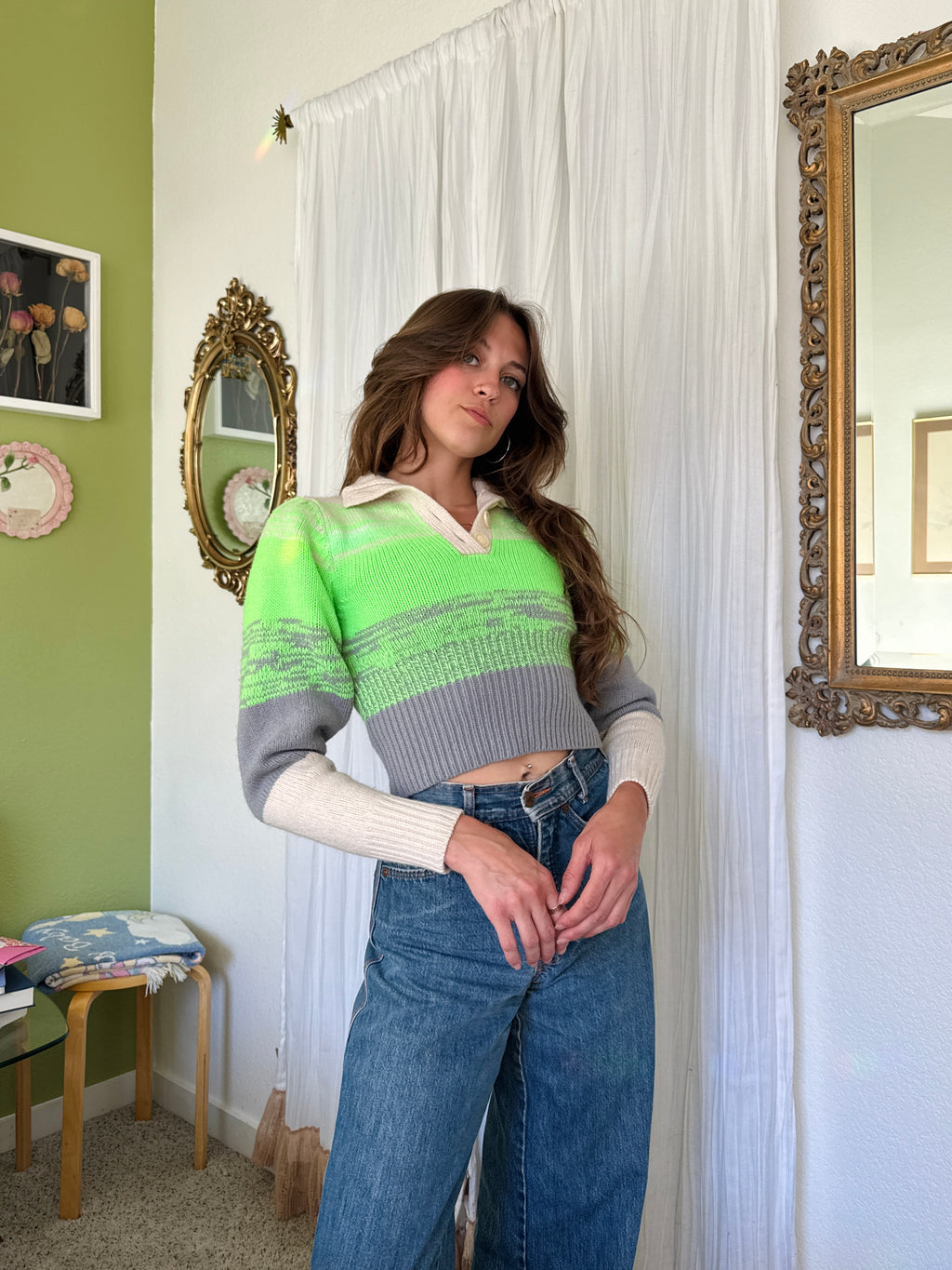 Electric Green Modern Wool Blend Henley Sweater