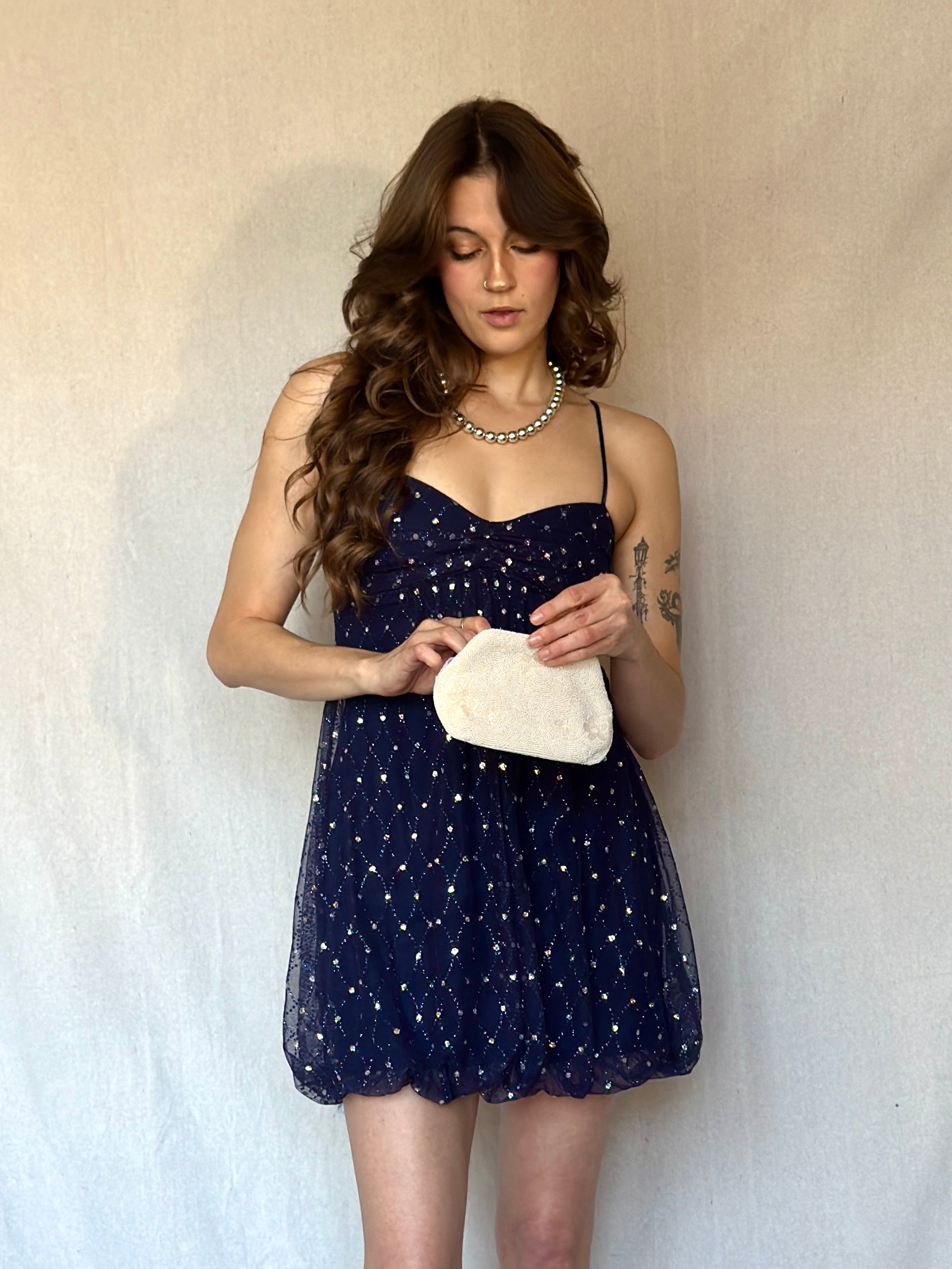 90s Strappy Navy Sequin Babydoll Dress